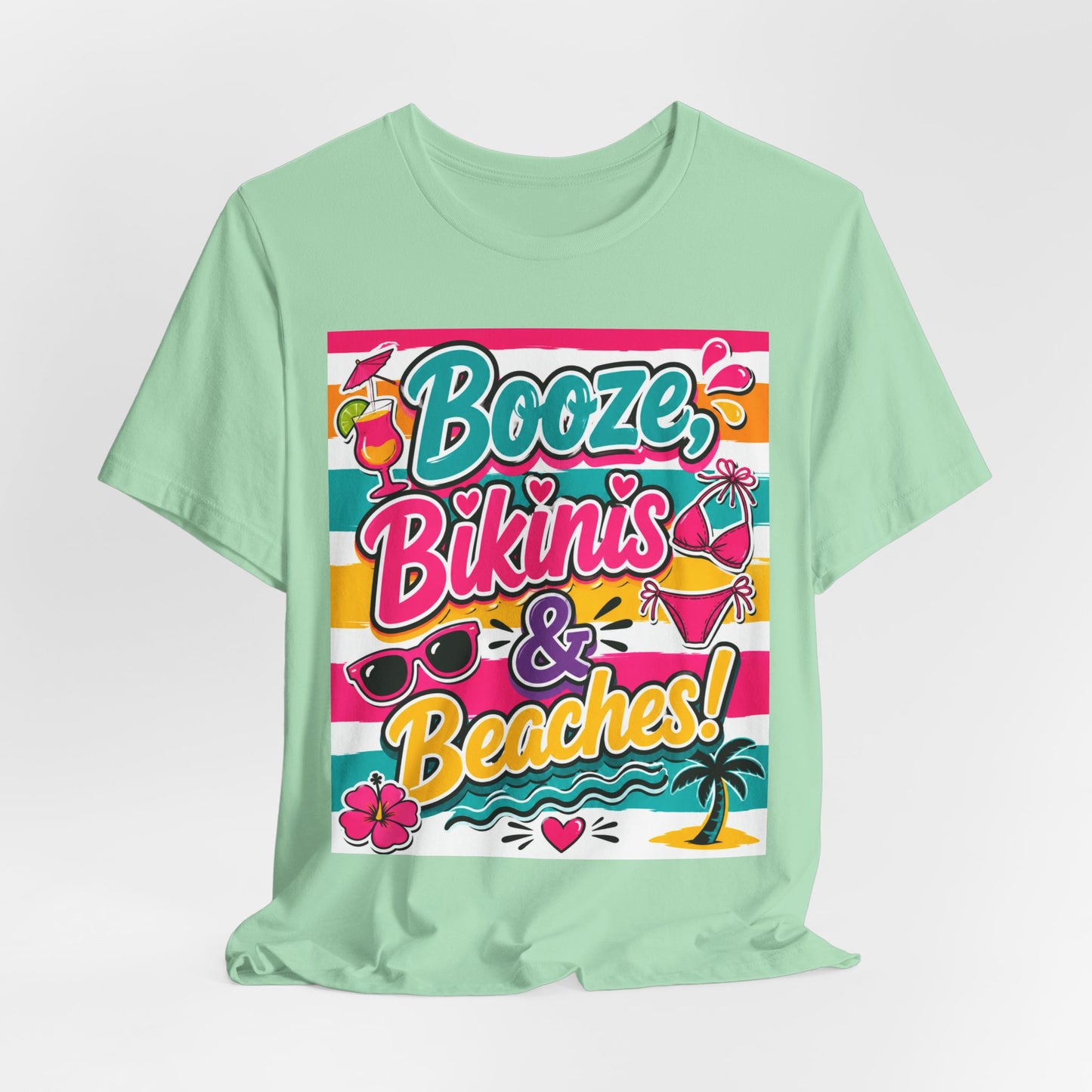 Sunflower Porch Co. Booze Bikinis & Beaches T-Shirt — Summer Beach Party Graphic Tee