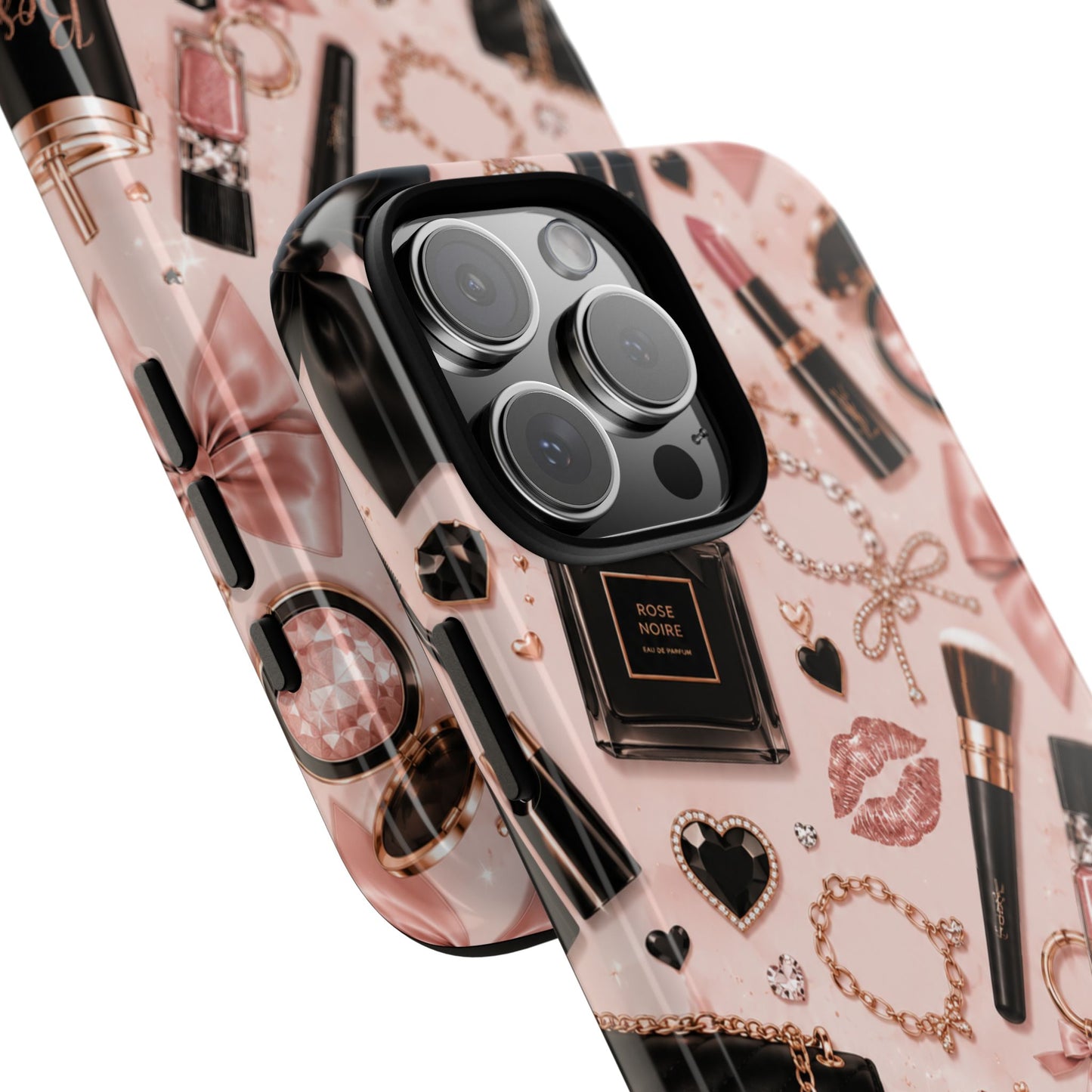 Sunflower Porch Co Glam Makeup Pattern Phone Case | Rose Gold Cosmetics, Perfume, Lipstick