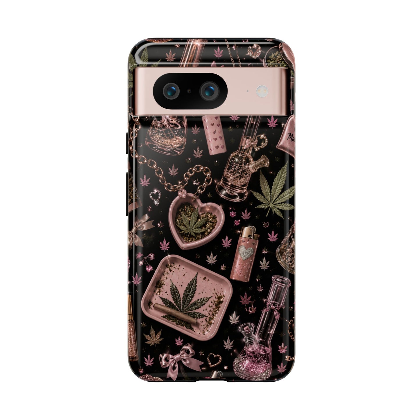 Sunflower Porch Co Pink Cannabis Pattern Tough Case | Weed Leaf Phone Case, Grinder & Lighter Design