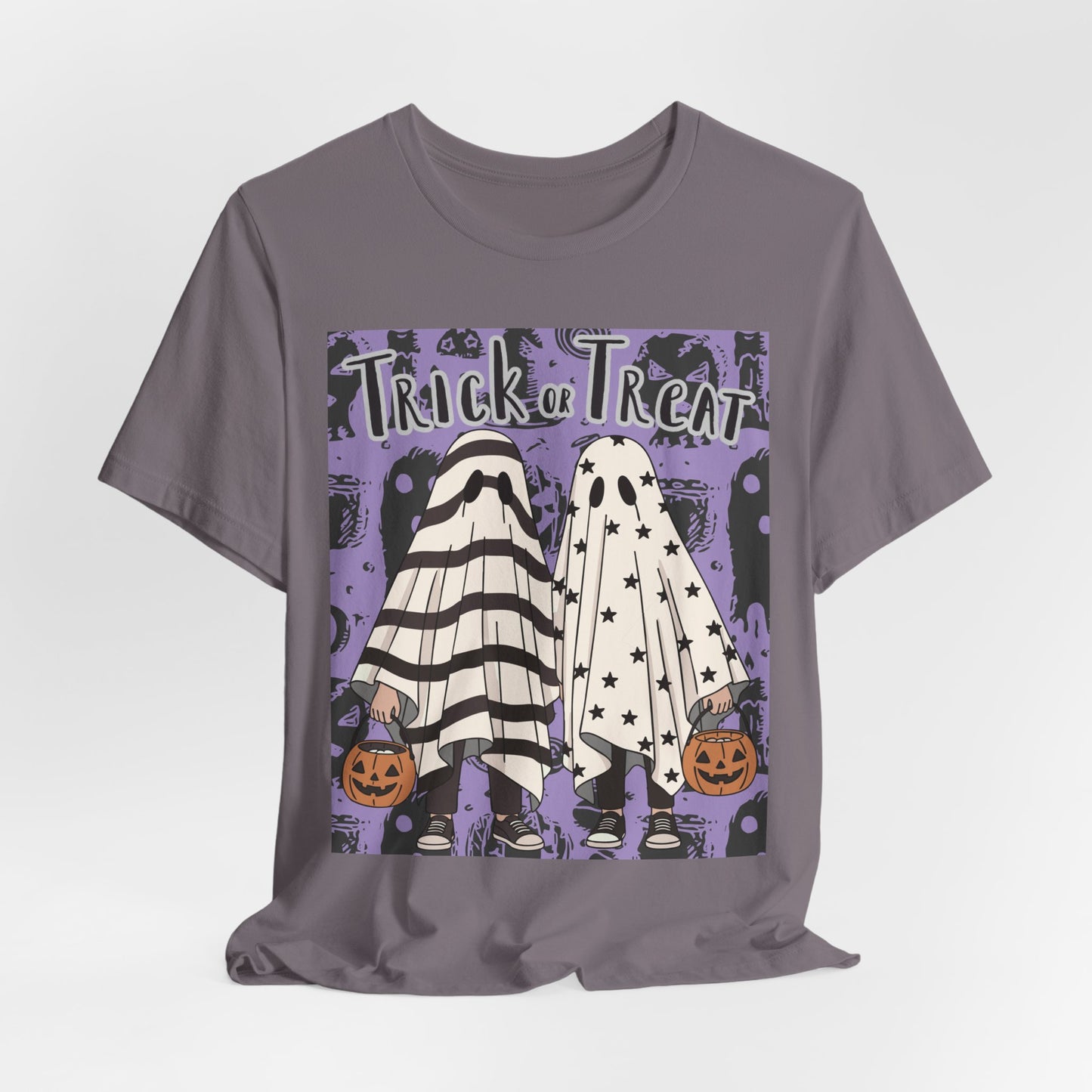 SunflowerPorchCo Trick or Treat Ghost Kids Halloween T-Shirt | Pumpkin Costume Tee