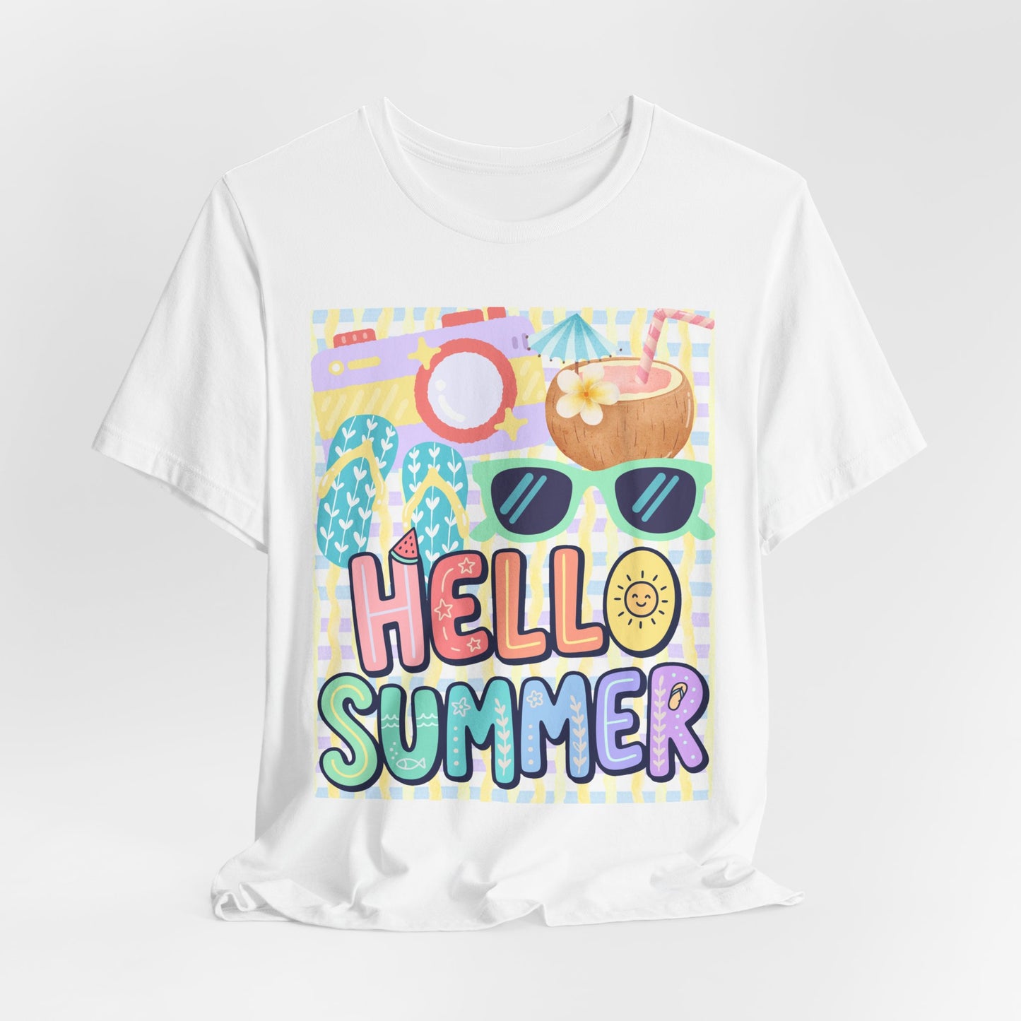 Sunflower Porch Co Hello Summer graphic tee | Summer sunglasses coconut flip flops shirt