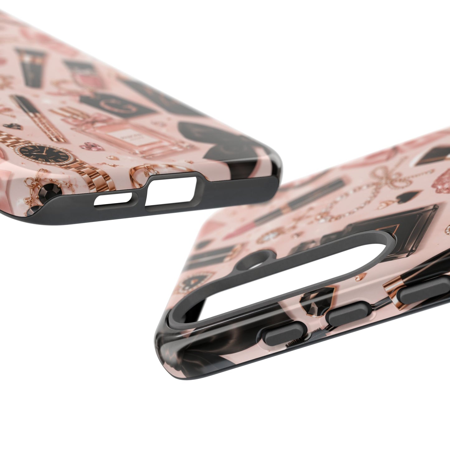 Sunflower Porch Co Glam Makeup Pattern Phone Case | Rose Gold Cosmetics, Perfume, Lipstick
