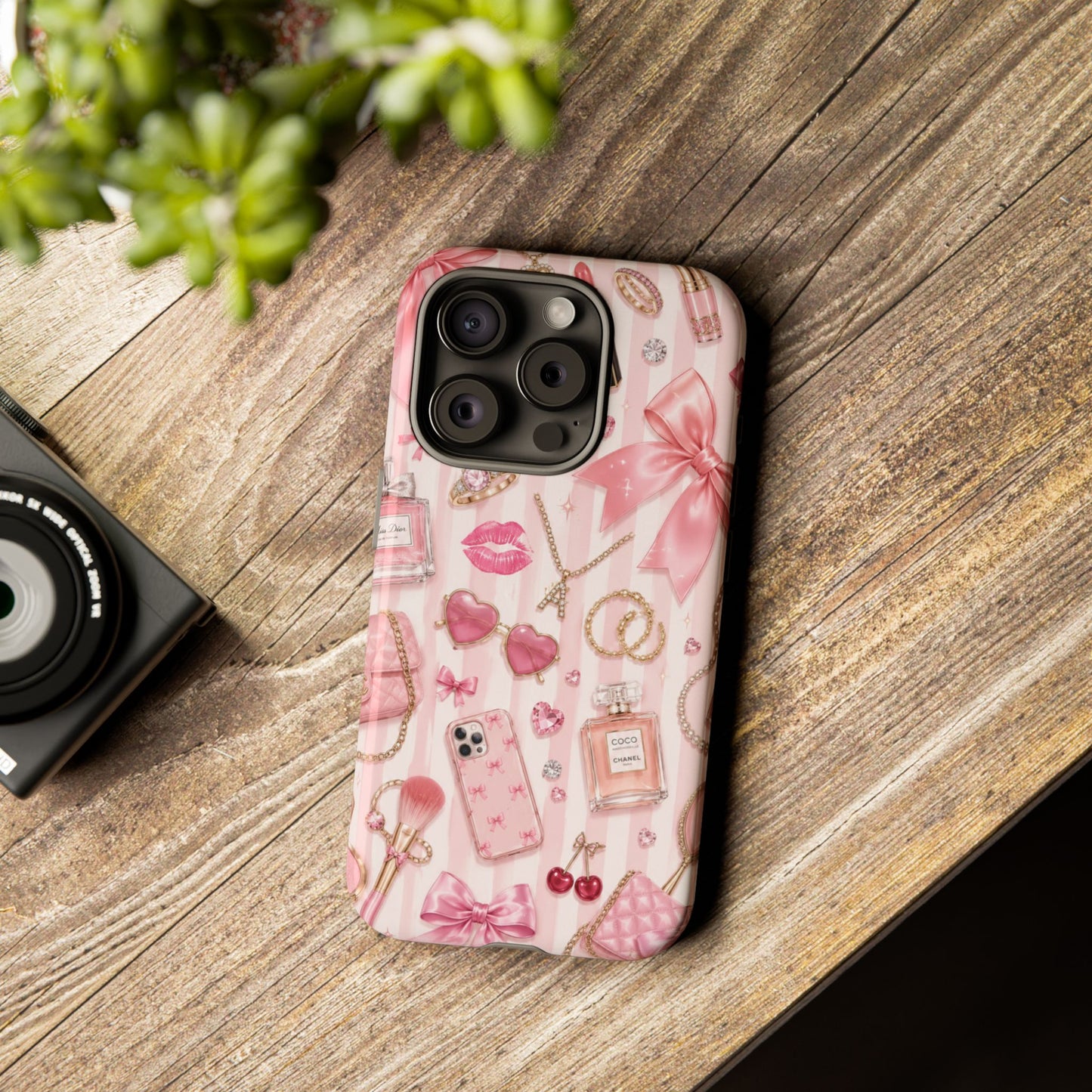 Pink Glam Pattern phone case | Makeup, bows, perfume, lipstick design