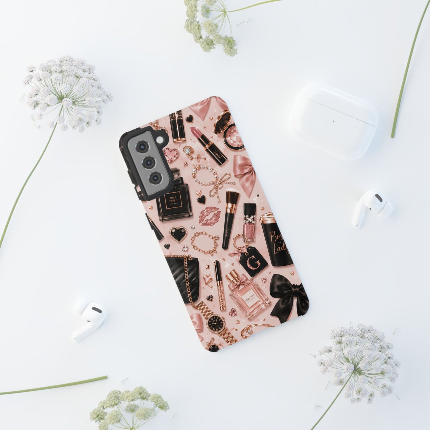 Sunflower Porch Co Glam Makeup Pattern Phone Case | Rose Gold Cosmetics, Perfume, Lipstick