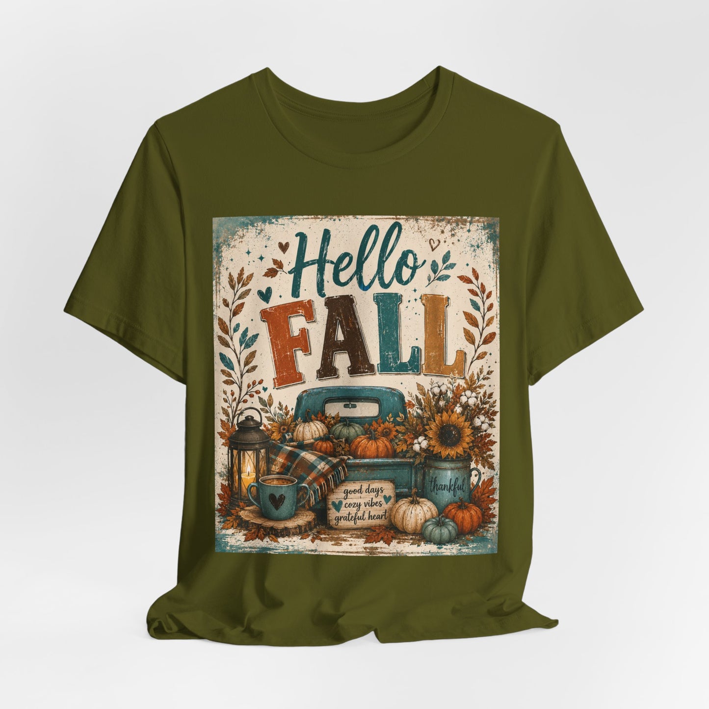Sunflower Porch Co Hello Fall Truck Tee | Pumpkin, Sunflower, Rustic Autumn Design