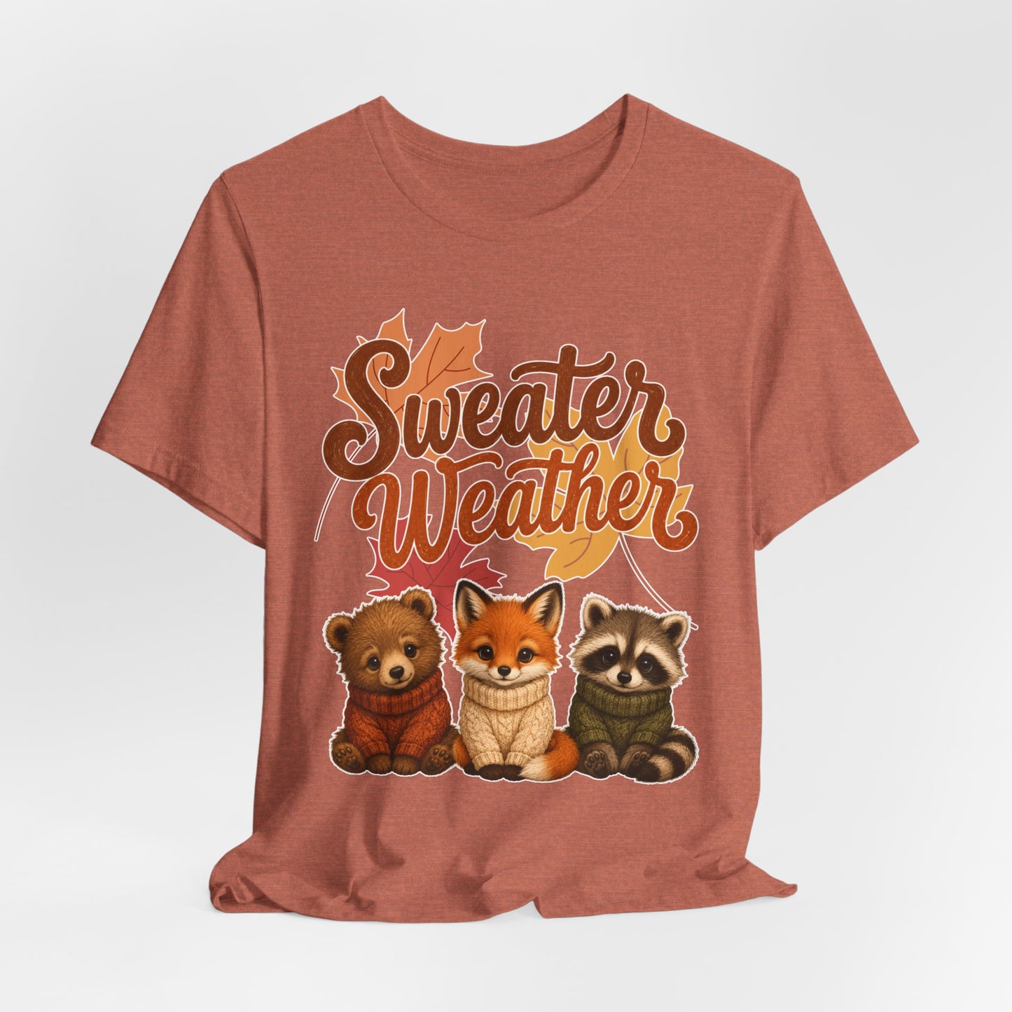 Sweater Weather woodland animals Tee | Fox Bear Raccoon fall leaves