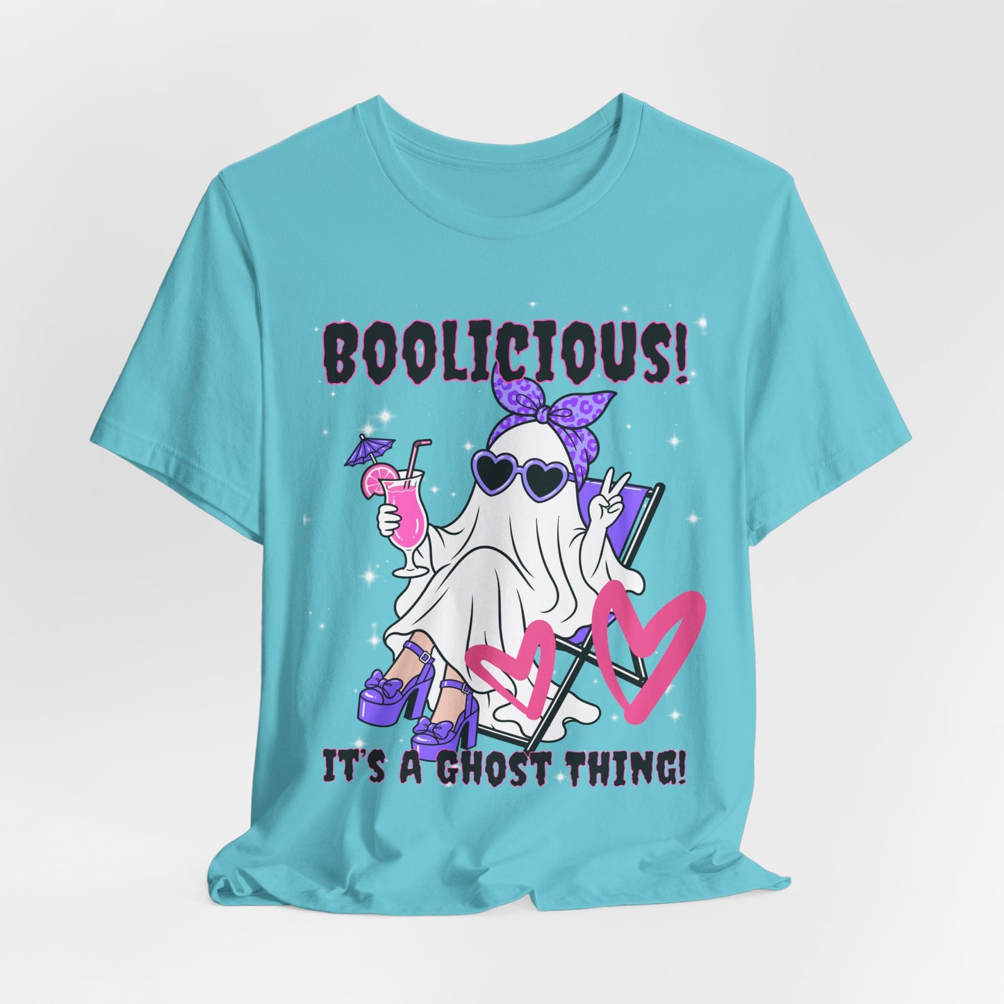 Sunflower Porch Co Boolisious Ghost Tee | Cute Glam Ghost with Hearts Halloween Shirt