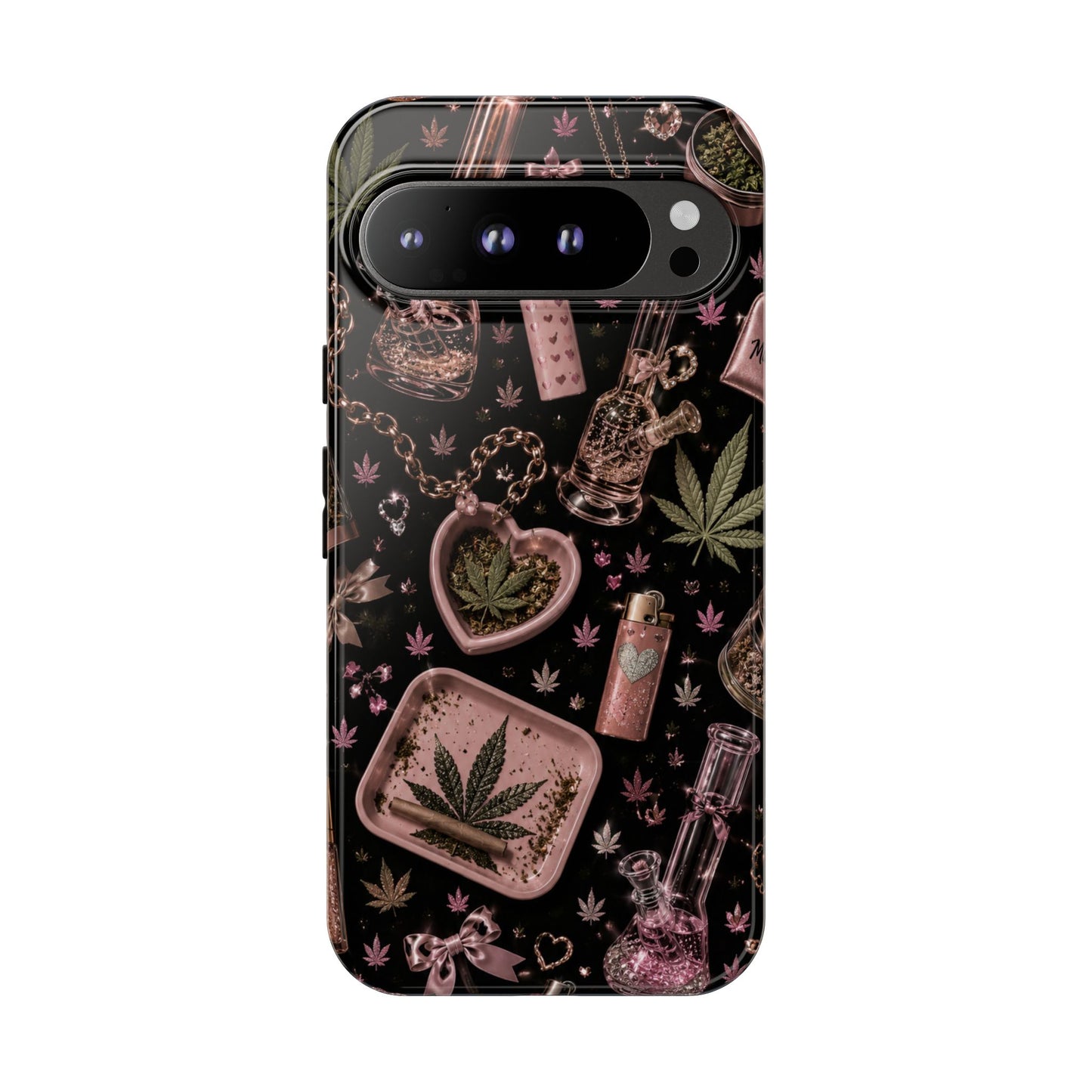 Sunflower Porch Co Pink Cannabis Pattern Tough Case | Weed Leaf Phone Case, Grinder & Lighter Design