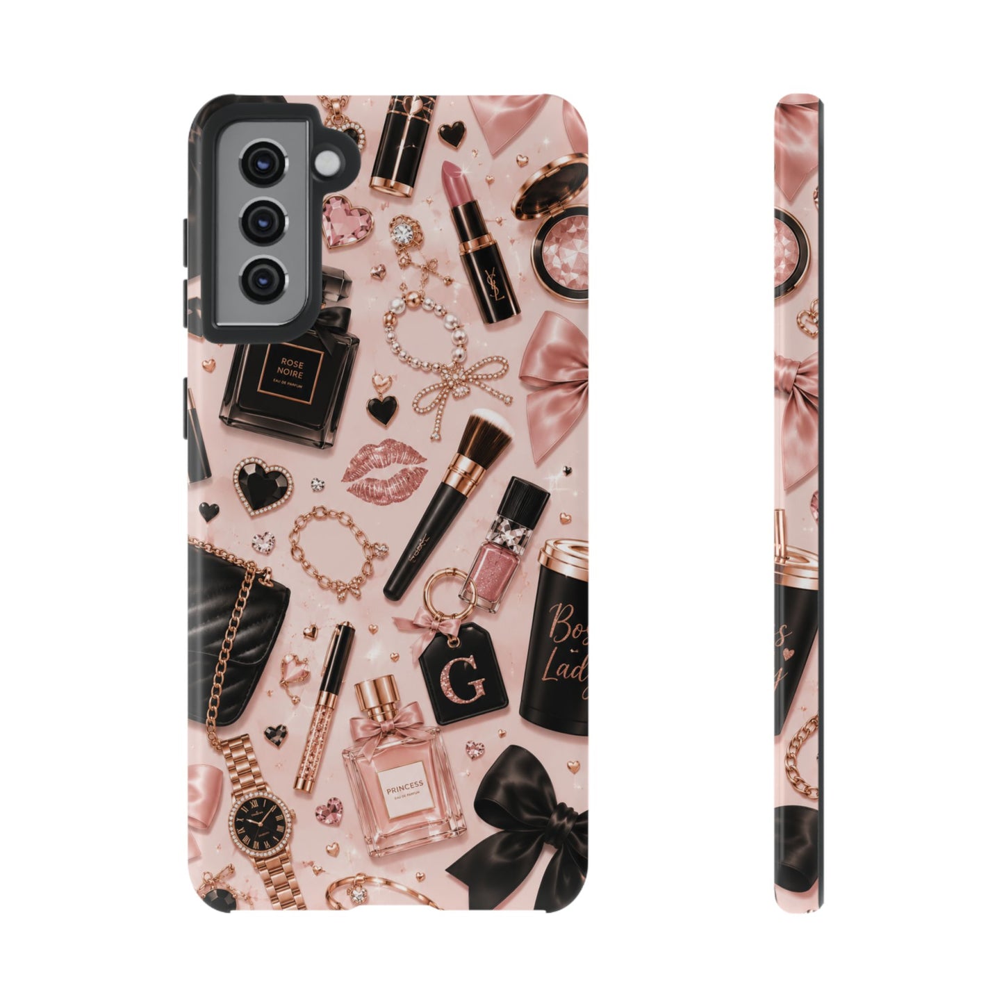 Sunflower Porch Co Glam Makeup Pattern Phone Case | Rose Gold Cosmetics, Perfume, Lipstick
