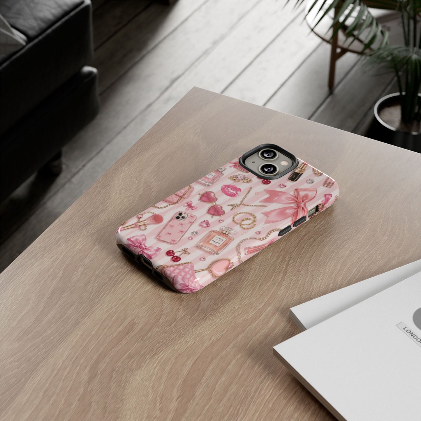 Pink Glam Pattern phone case | Makeup, bows, perfume, lipstick design