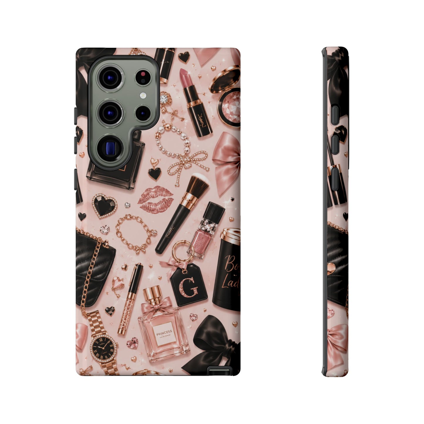 Sunflower Porch Co Glam Makeup Pattern Phone Case | Rose Gold Cosmetics, Perfume, Lipstick