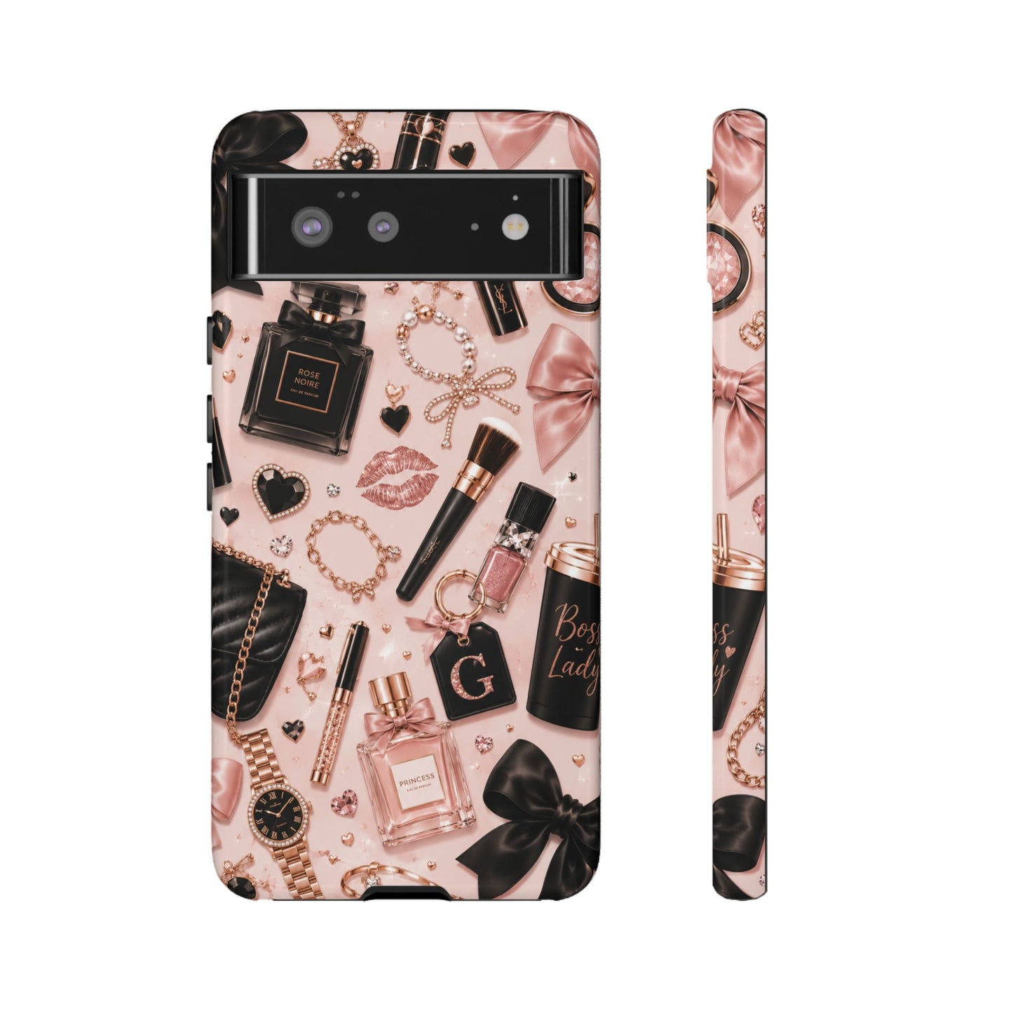 Sunflower Porch Co Glam Makeup Pattern Phone Case | Rose Gold Cosmetics, Perfume, Lipstick