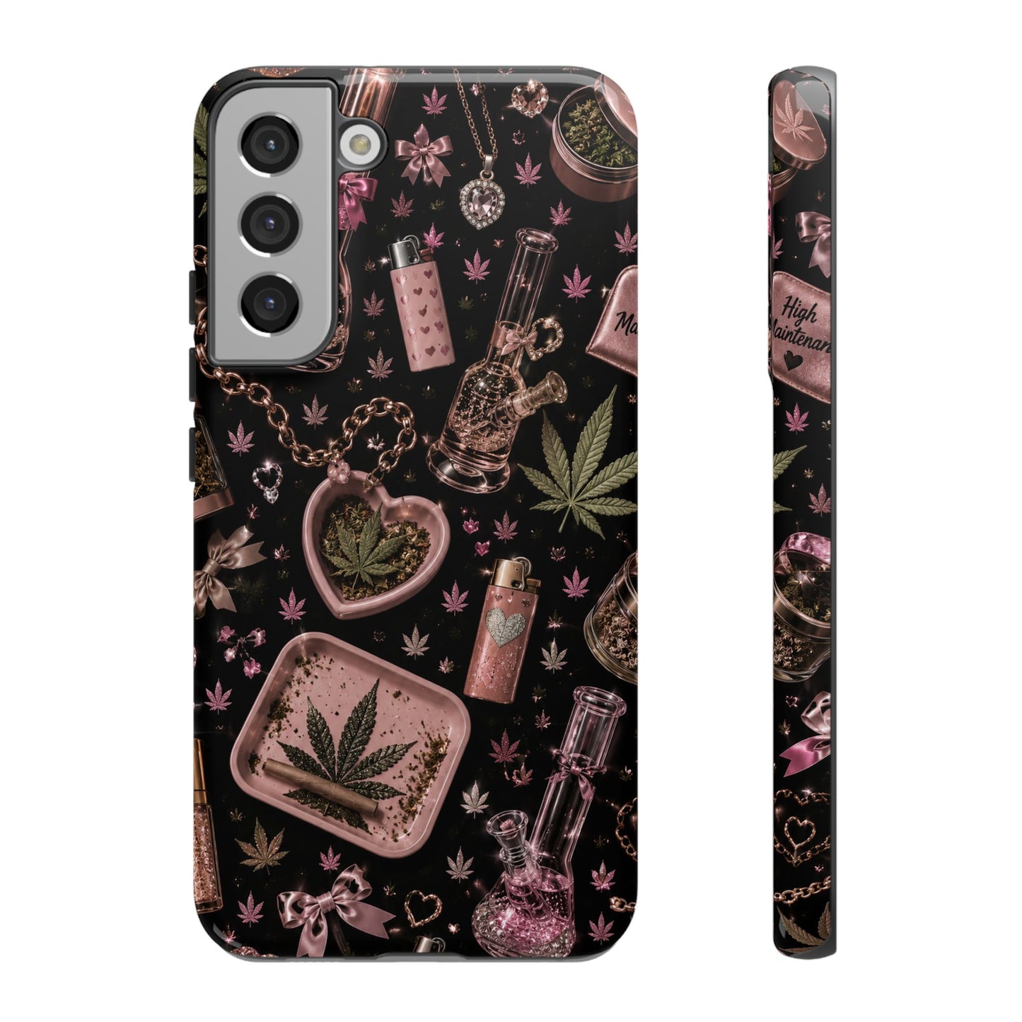 Sunflower Porch Co Pink Cannabis Pattern Tough Case | Weed Leaf Phone Case, Grinder & Lighter Design