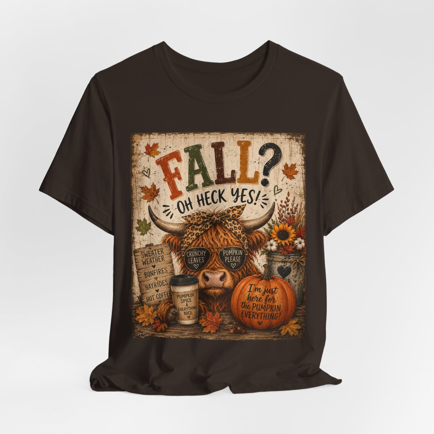 Sunflower Porch Co Fall? Oh Heck Yes! Highland Cow Pumpkin Tee | Autumn Coffee Leaves Shirt