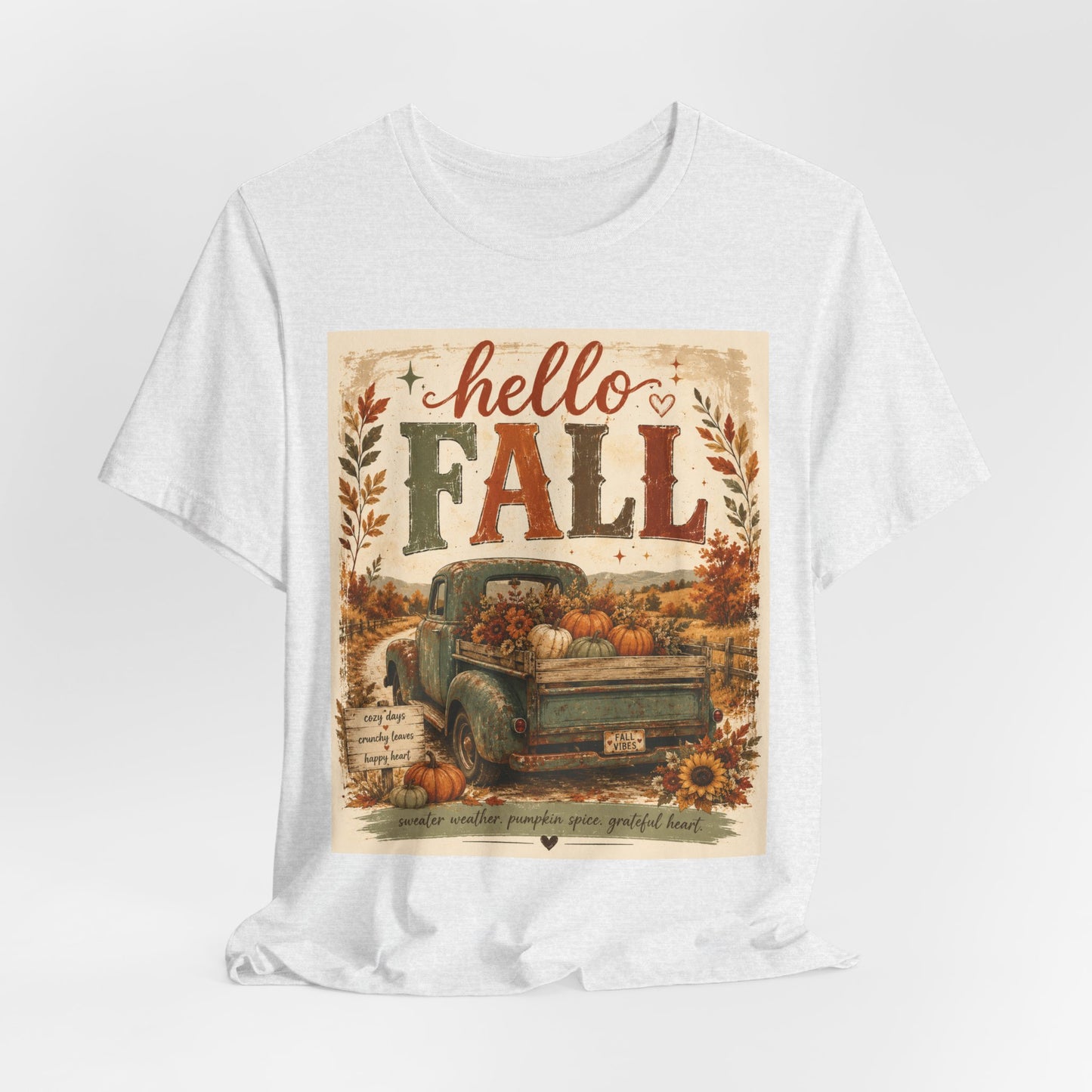 Sunflower Porch Co Hello Fall Vintage Truck T-Shirt | Pumpkin Harvest Autumn Tee