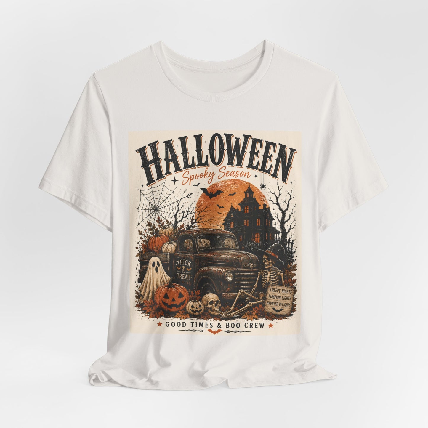 Sunflower Porch Co Halloween Vintage Truck Tee | Spooky Season Pumpkin Ghost Haunted House