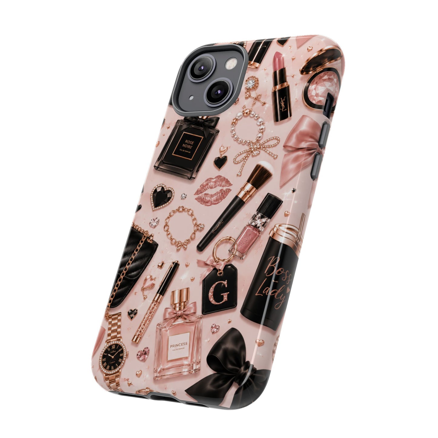 Sunflower Porch Co Glam Makeup Pattern Phone Case | Rose Gold Cosmetics, Perfume, Lipstick