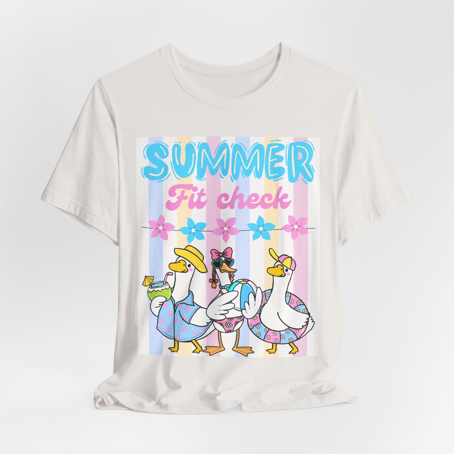 SunflowerPorchCo Summer Fit Check Tee | Cartoon Ducks in Sunglasses, Pastel Beach Vibes