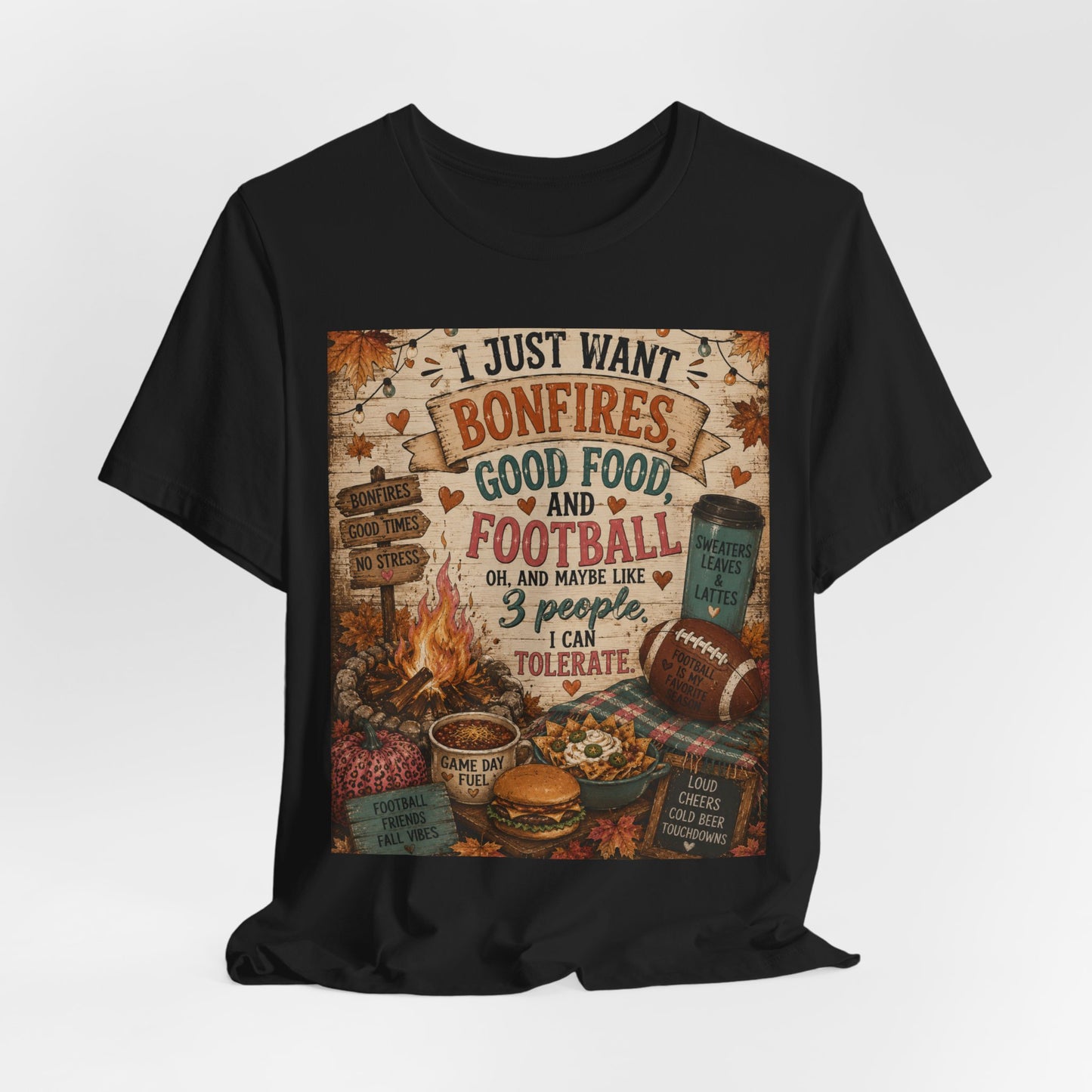 Sunflower Porch Co Bonfires Good Food and Football Tee | Fall Campfire Typography Shirt