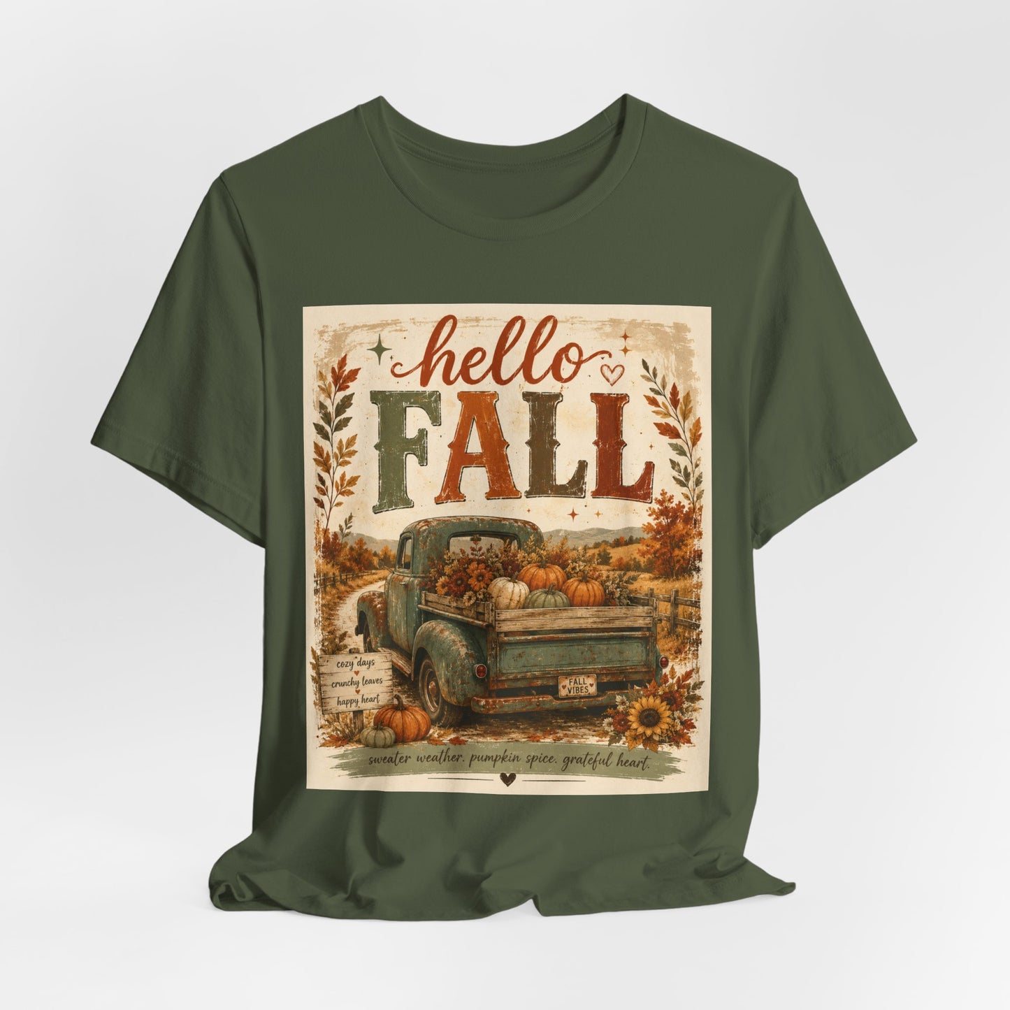 Sunflower Porch Co Hello Fall Vintage Truck T-Shirt | Pumpkin Harvest Autumn Tee