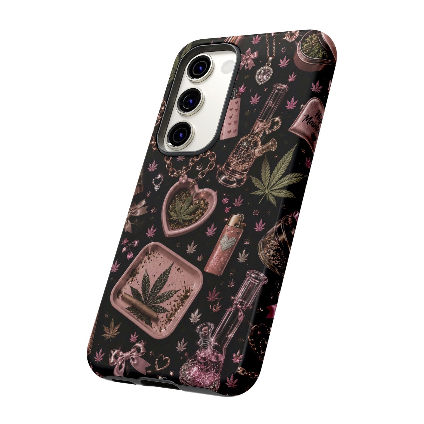 Sunflower Porch Co Pink Cannabis Pattern Tough Case | Weed Leaf Phone Case, Grinder & Lighter Design