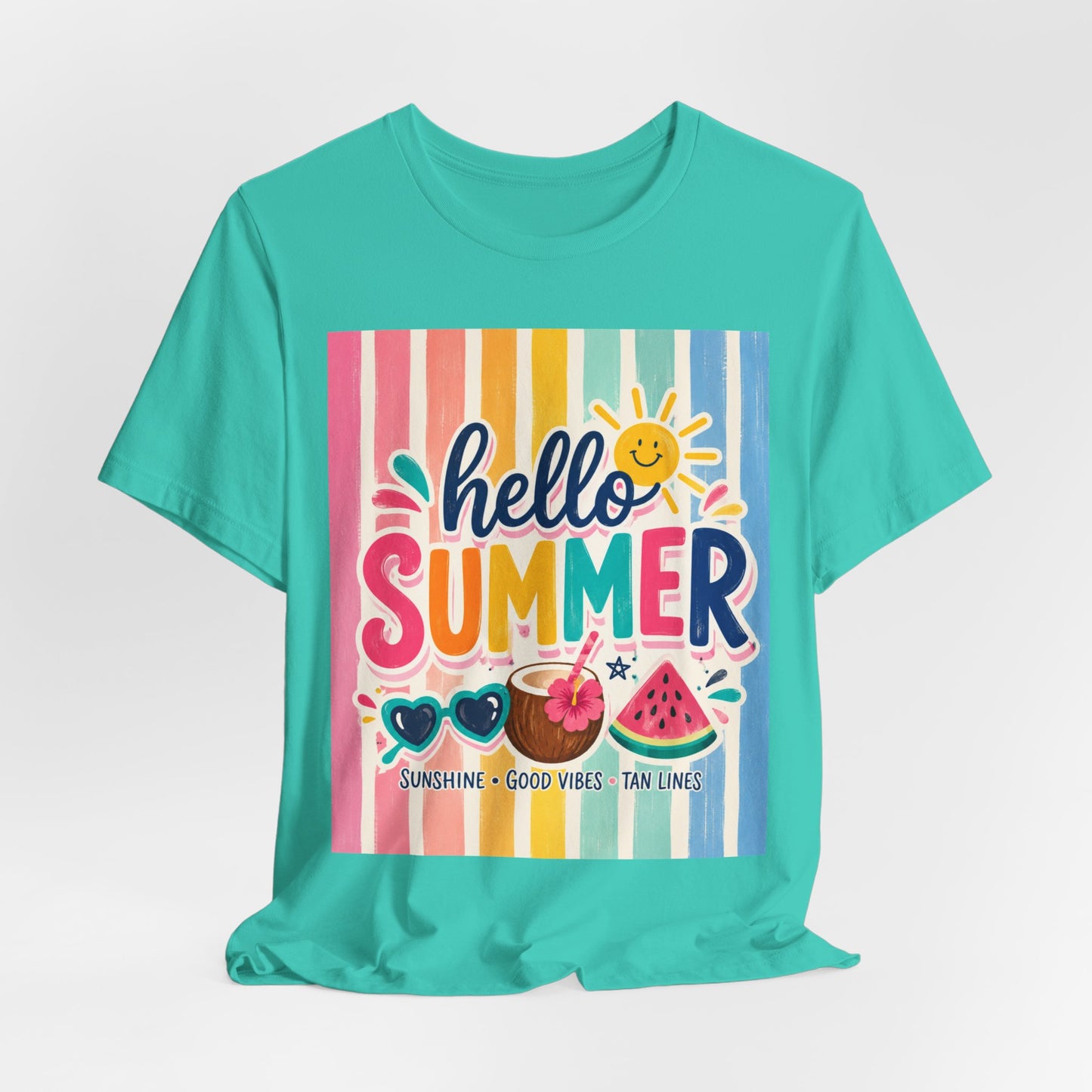 Sunflower Porch Co. Hello Summer Tee - Colorful Stripes, Sunshine & Watermelon Graphic