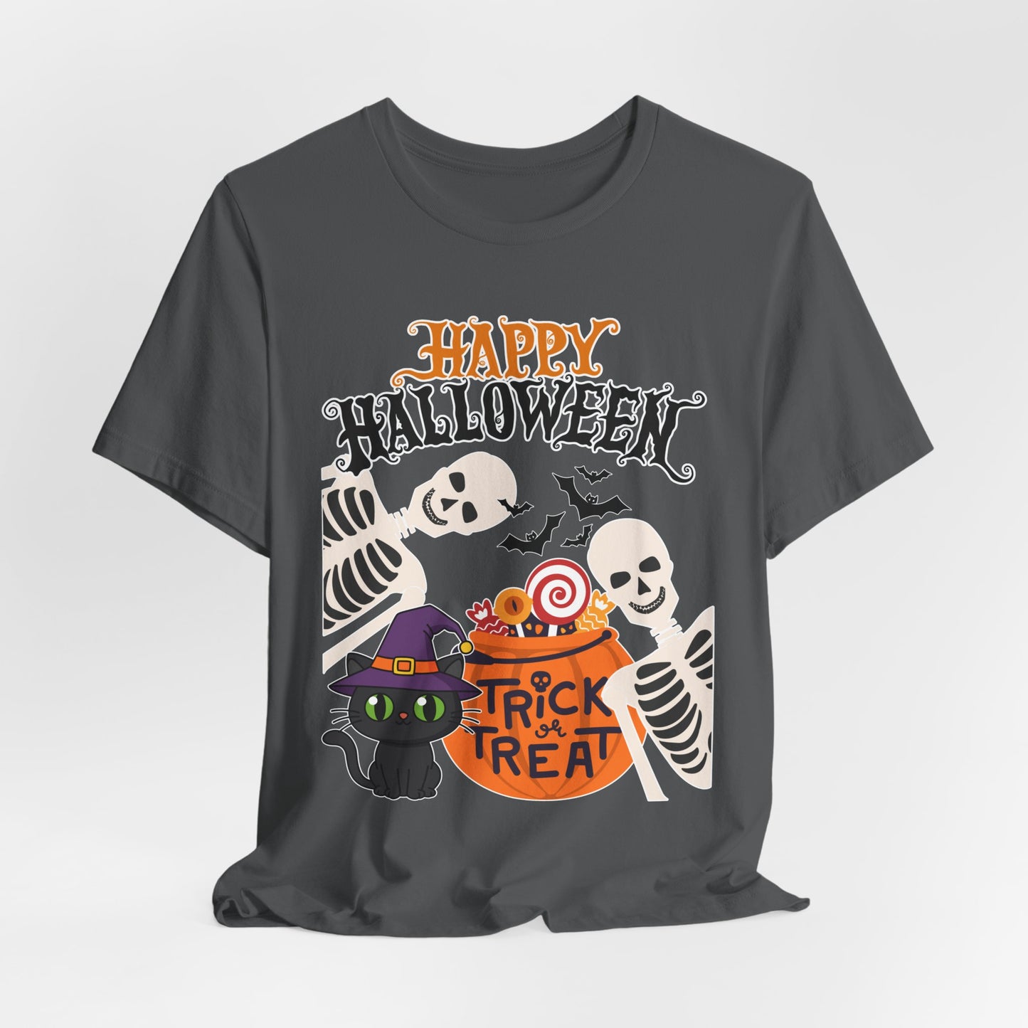 Happy Halloween skeletons, black cat, trick or treat tee
