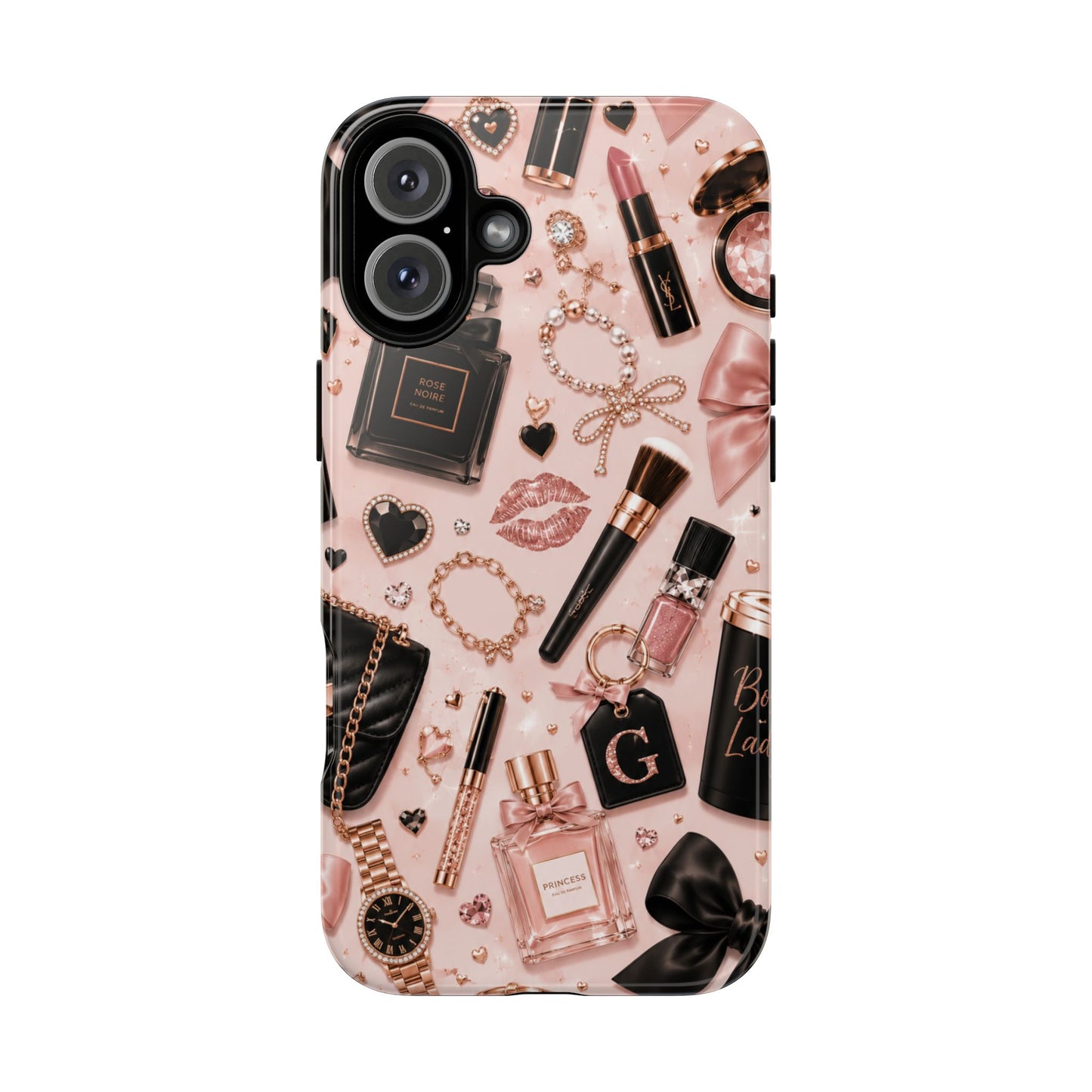 Sunflower Porch Co Glam Makeup Pattern Phone Case | Rose Gold Cosmetics, Perfume, Lipstick