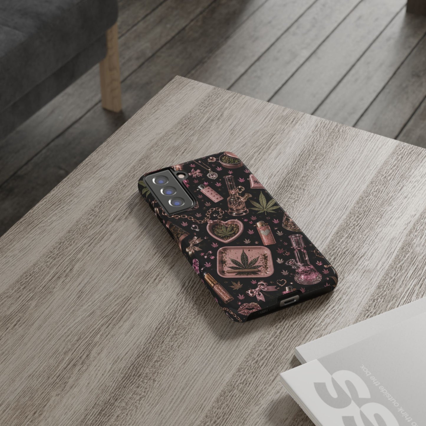 Sunflower Porch Co Pink Cannabis Pattern Tough Case | Weed Leaf Phone Case, Grinder & Lighter Design