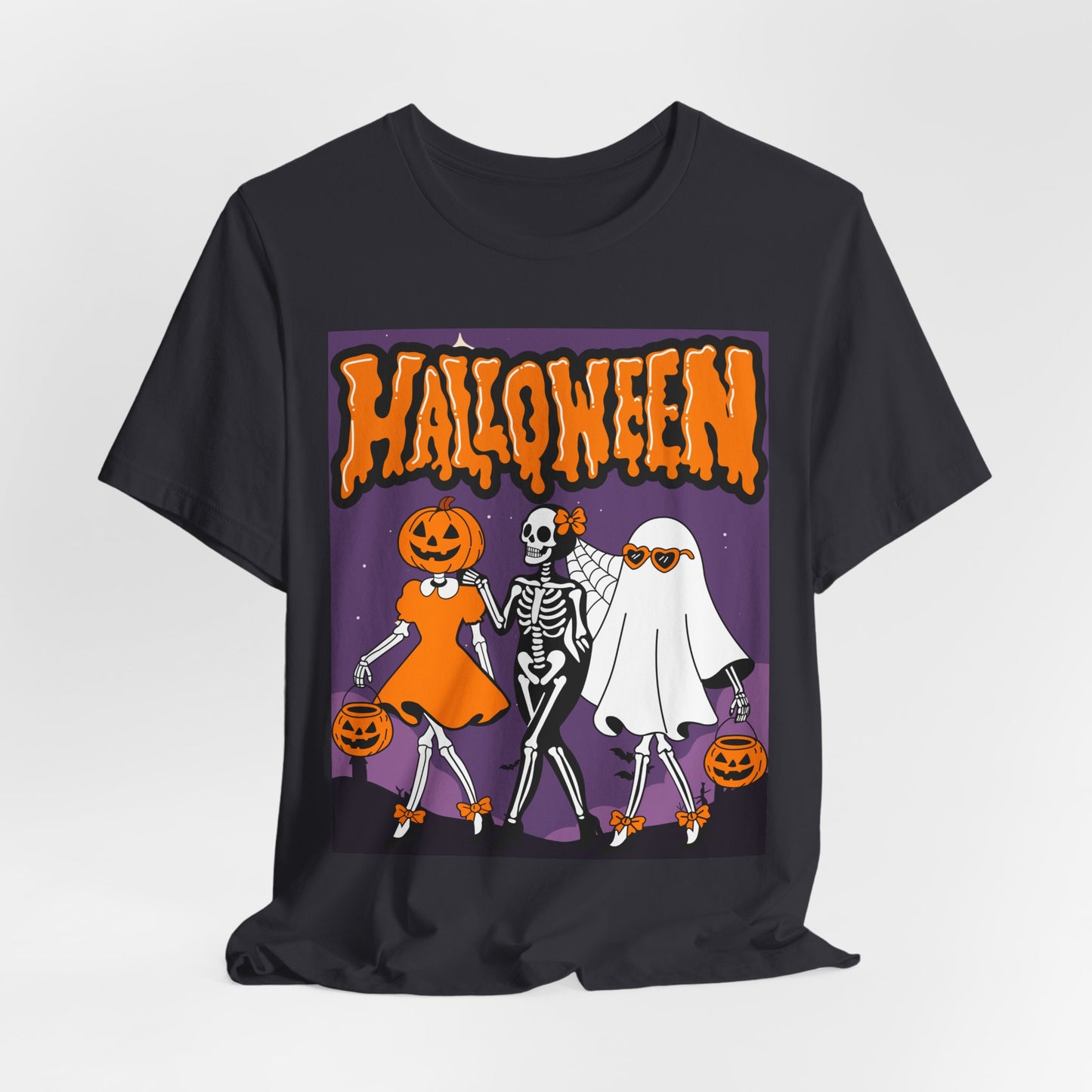 SunflowerPorchCo Dancing Skeletons and Pumpkins Halloween T-Shirt | Retro Spooky Trio Tee