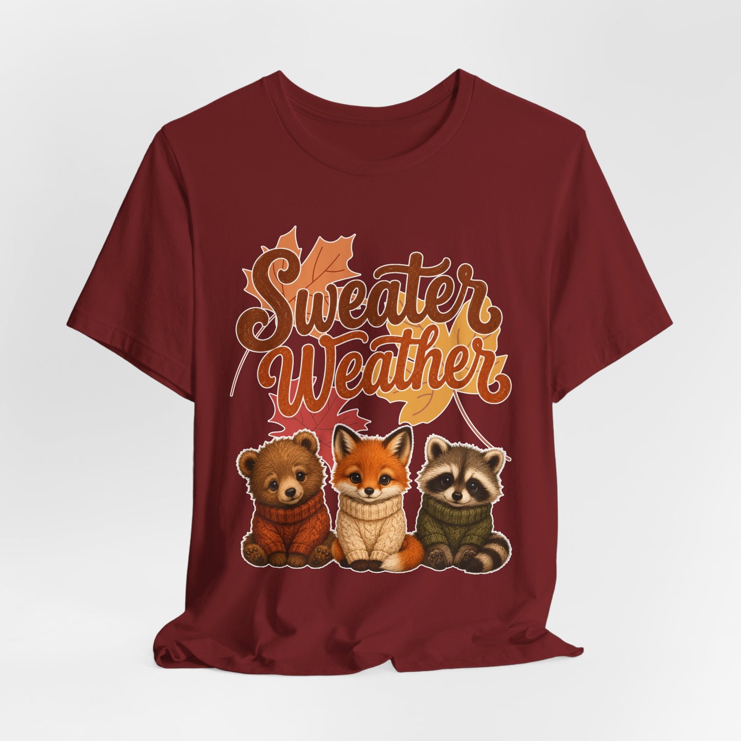 Sweater Weather woodland animals Tee | Fox Bear Raccoon fall leaves