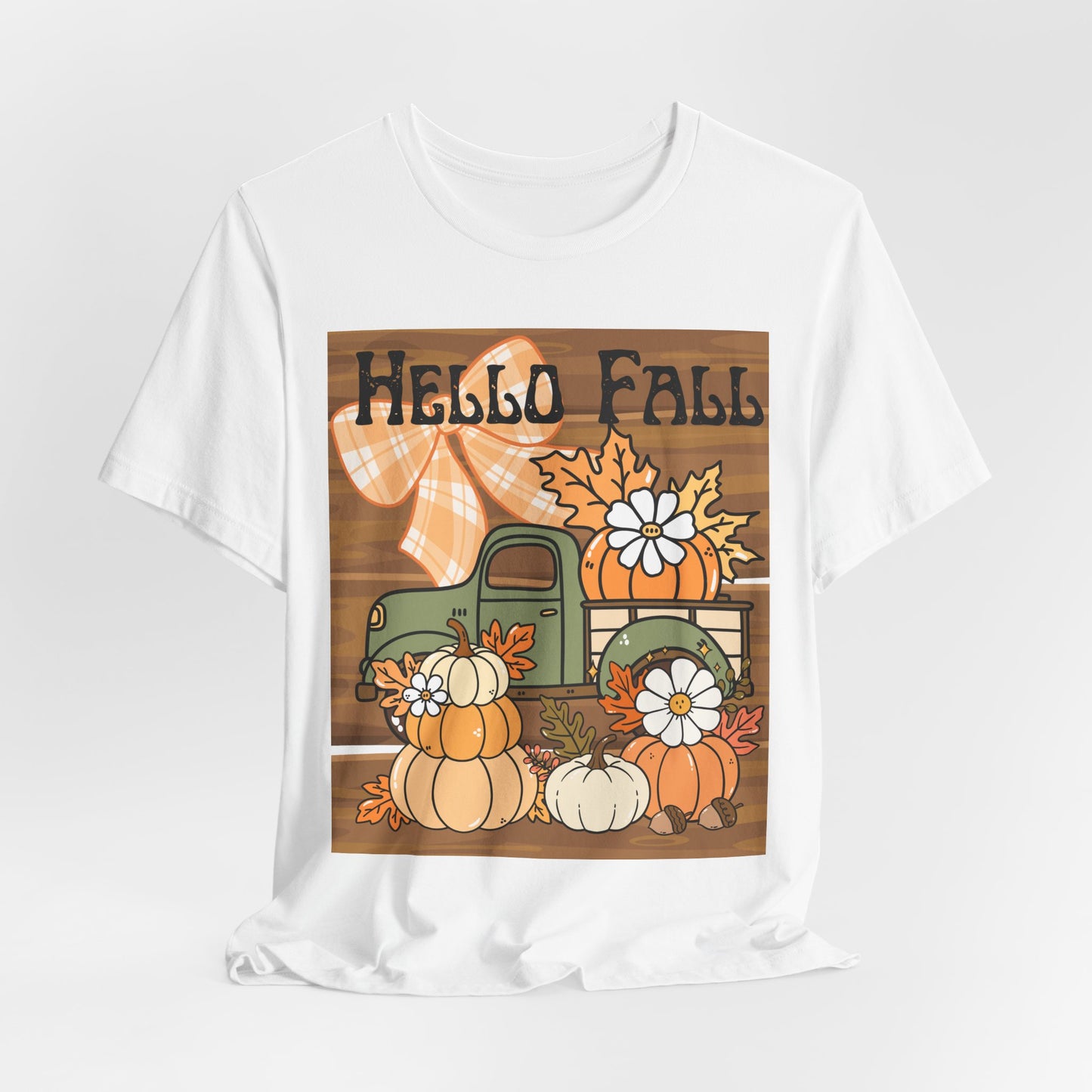 SunflowerPorchCo Hello Fall Pumpkin Truck Tee | Autumn Pumpkins, Plaid Bow, Rustic Wood