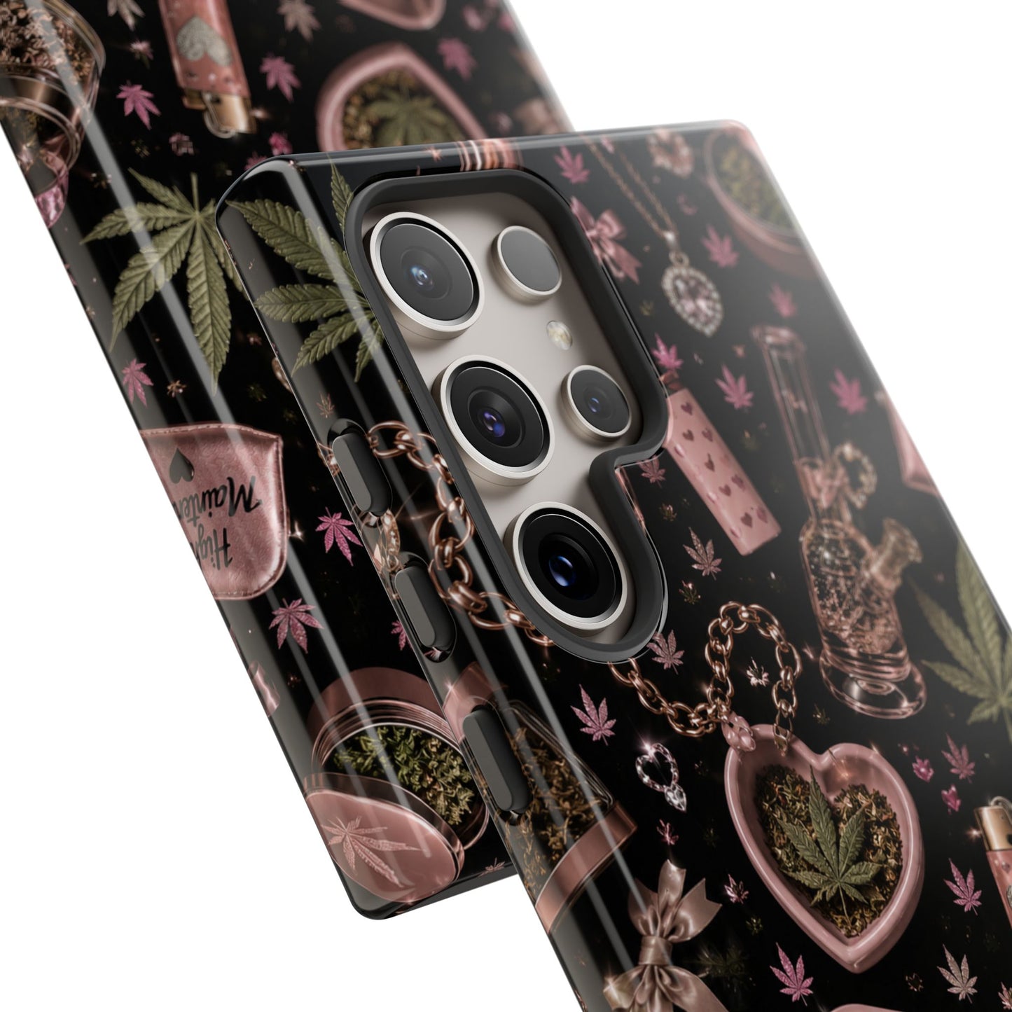 Sunflower Porch Co Pink Cannabis Pattern Tough Case | Weed Leaf Phone Case, Grinder & Lighter Design