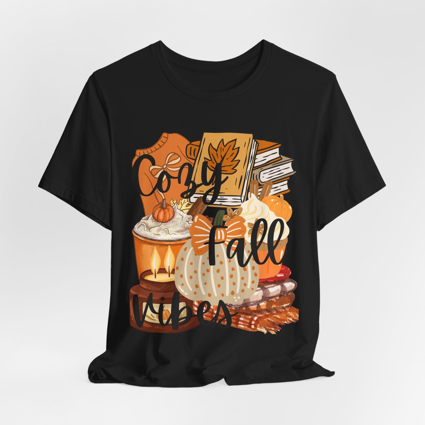 SunflowerPorchCo Cozy Fall Vibes T-Shirt | Pumpkin Books Candle Autumn Tee
