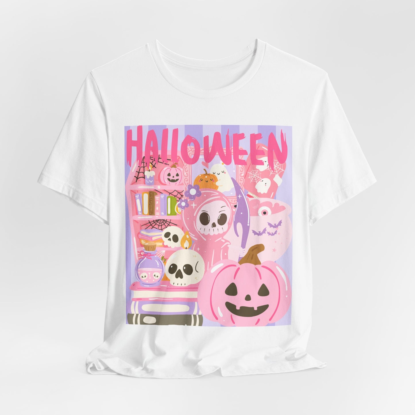 SunflowerPorchCo Pink Cute Halloween Characters Tee | Jack-o'-Lantern Skulls Candy