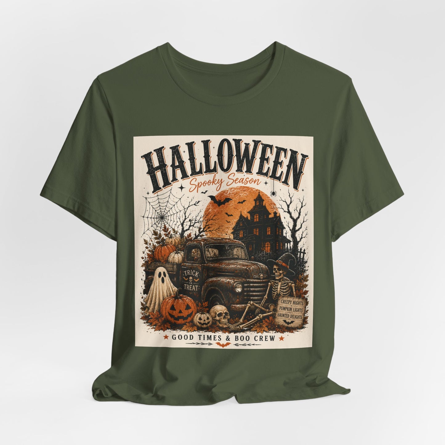 Sunflower Porch Co Halloween Vintage Truck Tee | Spooky Season Pumpkin Ghost Haunted House