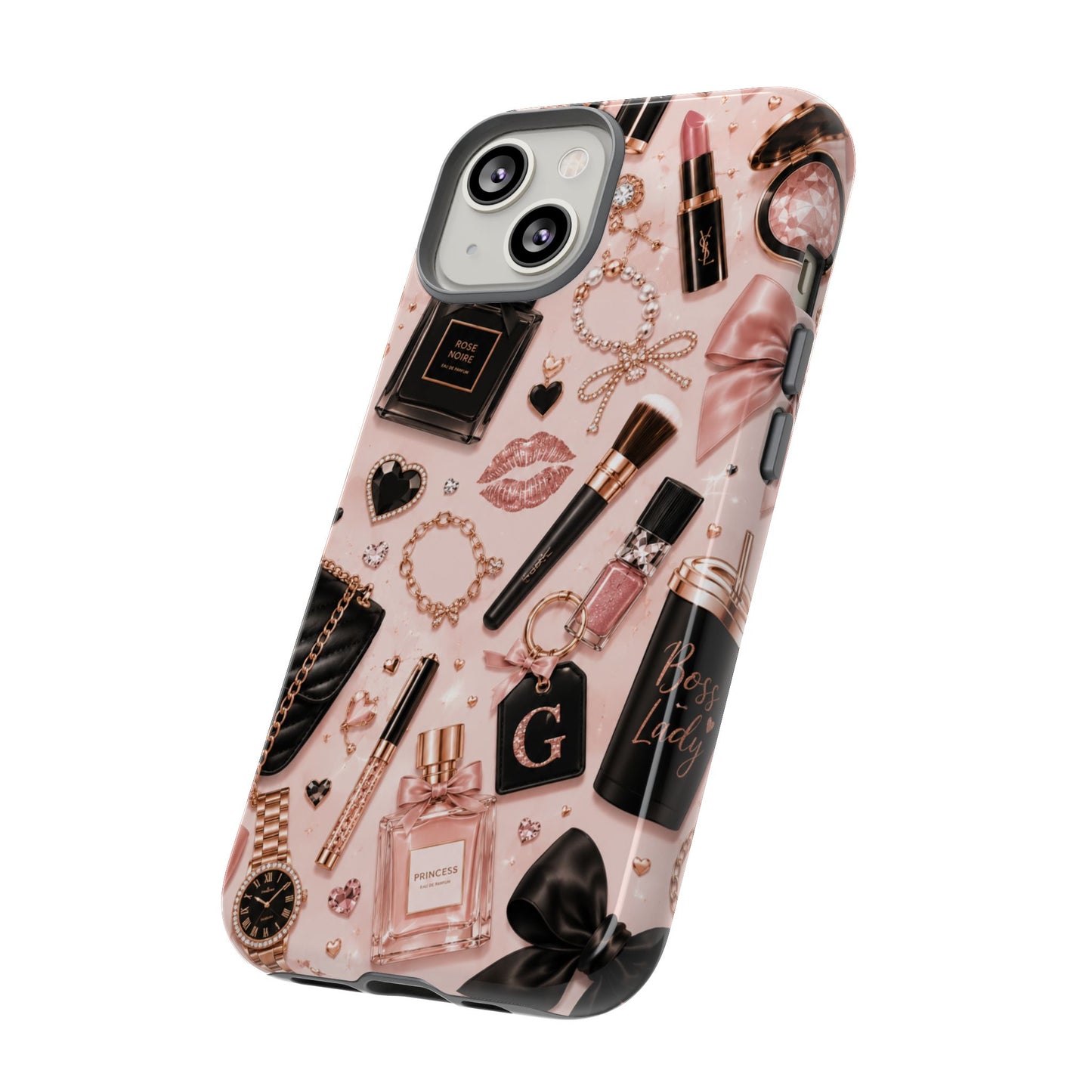 Sunflower Porch Co Glam Makeup Pattern Phone Case | Rose Gold Cosmetics, Perfume, Lipstick