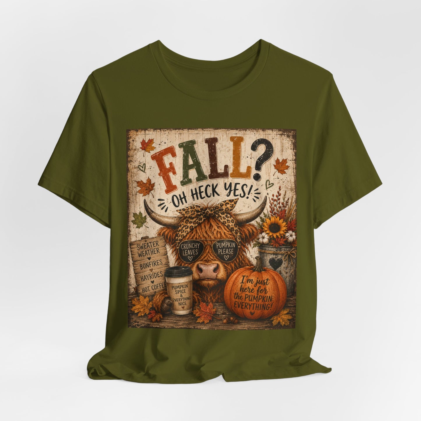 Sunflower Porch Co Fall? Oh Heck Yes! Highland Cow Pumpkin Tee | Autumn Coffee Leaves Shirt