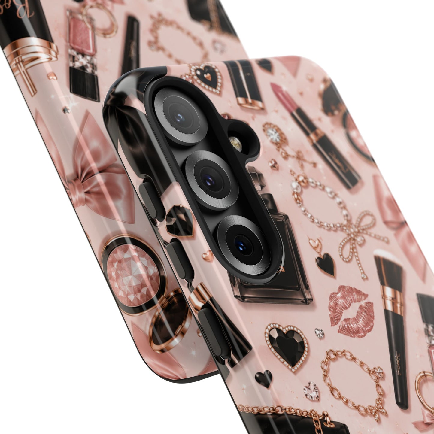 Sunflower Porch Co Glam Makeup Pattern Phone Case | Rose Gold Cosmetics, Perfume, Lipstick