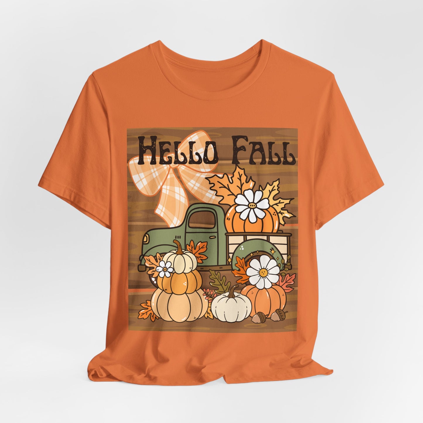 SunflowerPorchCo Hello Fall Pumpkin Truck Tee | Autumn Pumpkins, Plaid Bow, Rustic Wood