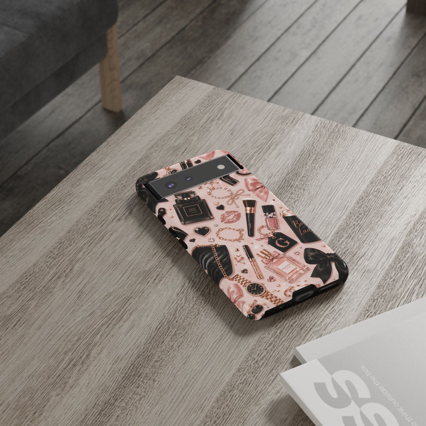 Sunflower Porch Co Glam Makeup Pattern Phone Case | Rose Gold Cosmetics, Perfume, Lipstick