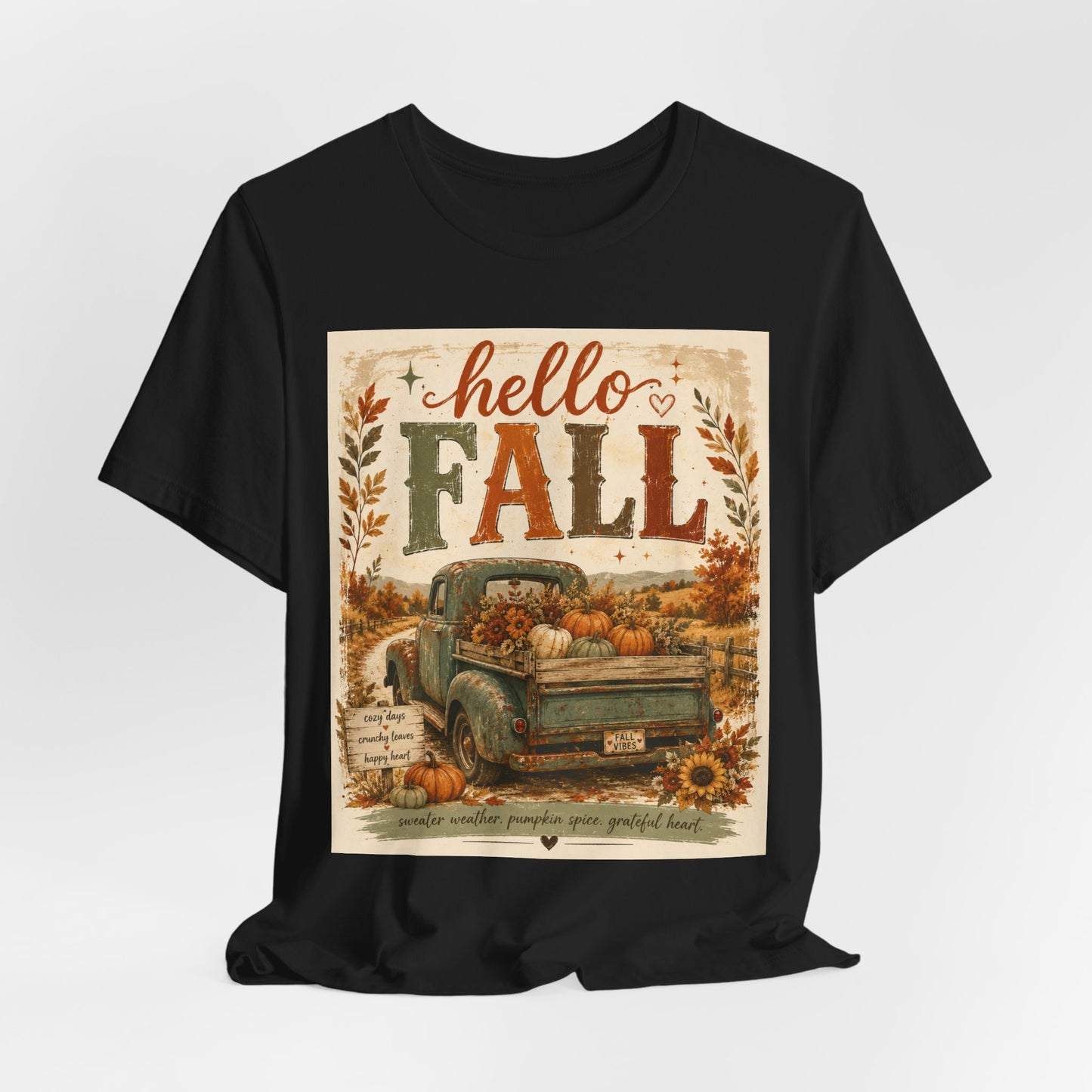 Sunflower Porch Co Hello Fall Vintage Truck T-Shirt | Pumpkin Harvest Autumn Tee