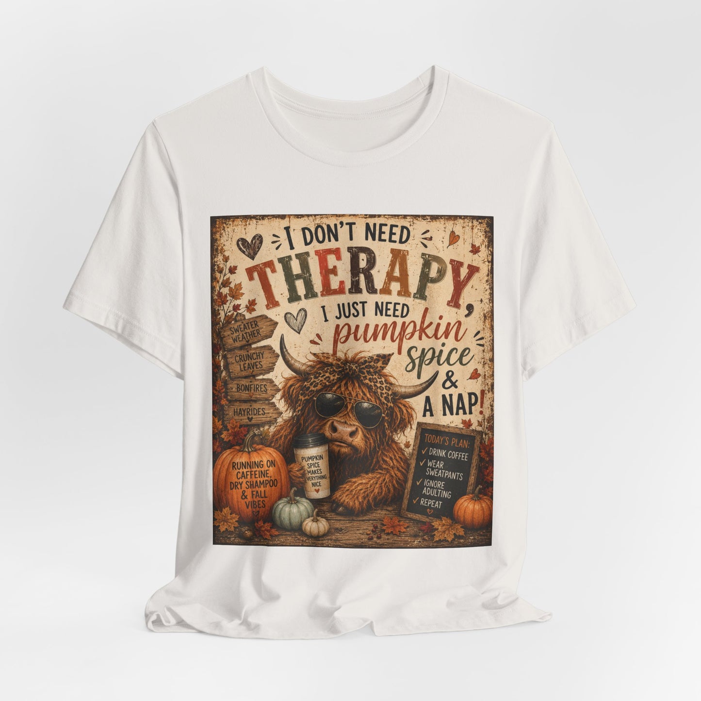 Sunflower Porch Co Pumpkin Spice & A Nap Highland Cow Tee | Fall Autumn Cozy Shirt