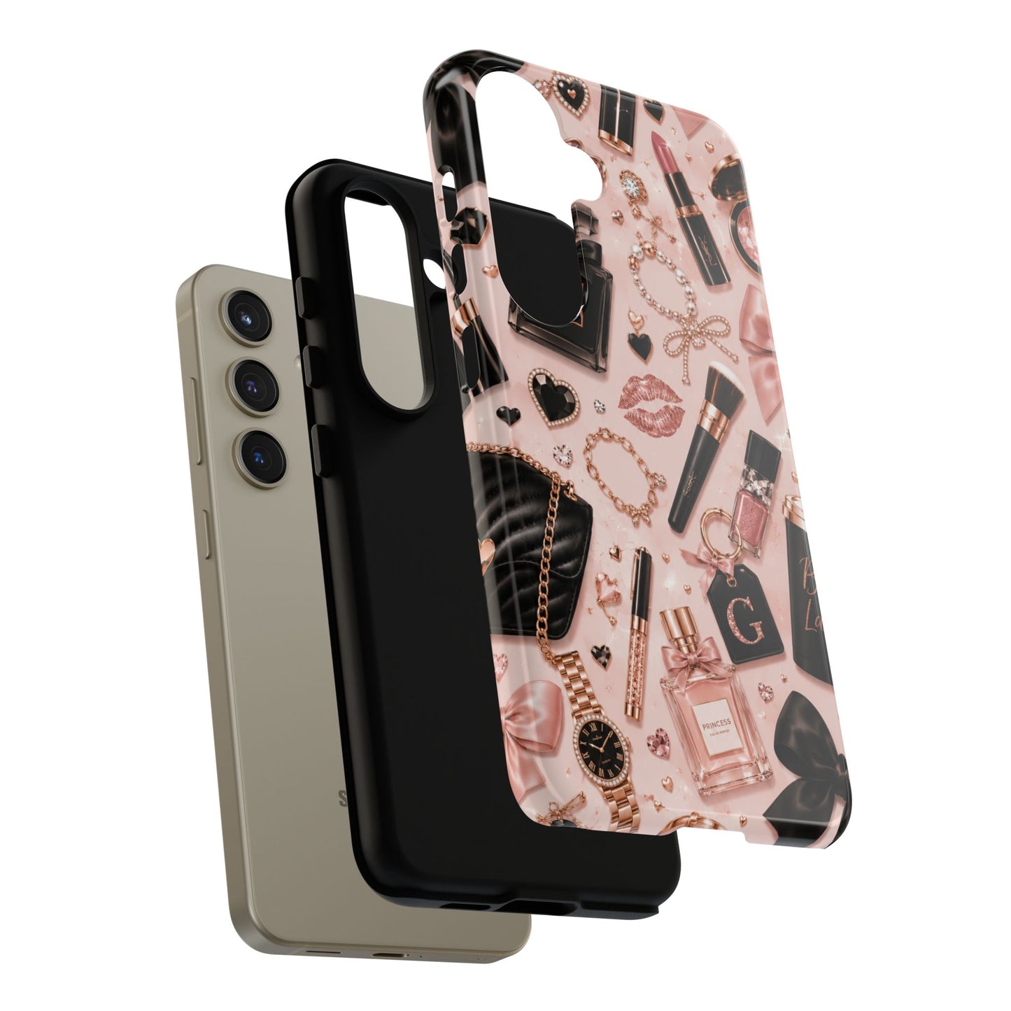 Sunflower Porch Co Glam Makeup Pattern Phone Case | Rose Gold Cosmetics, Perfume, Lipstick