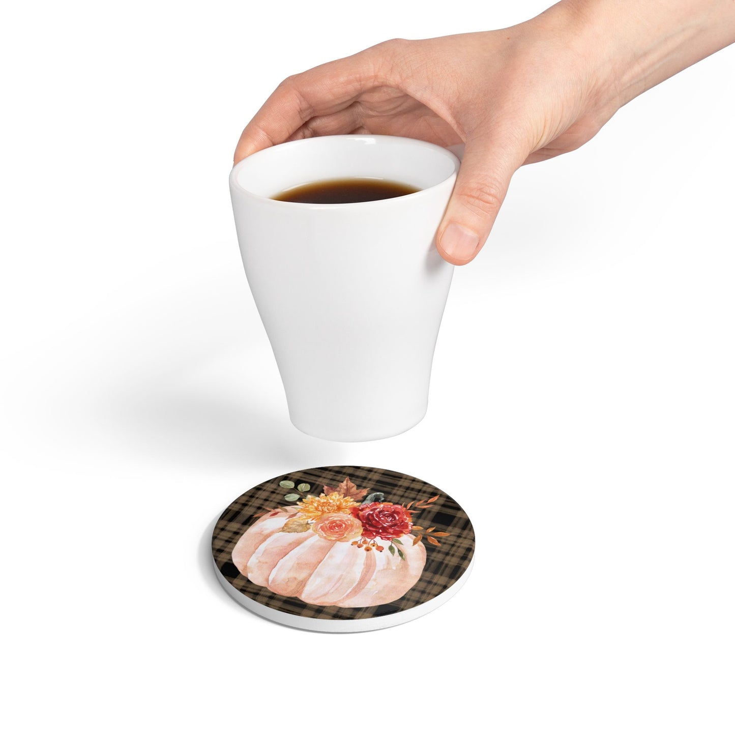 Floral Pumpkin Ceramic Coaster | Fall Plaid Table Decor