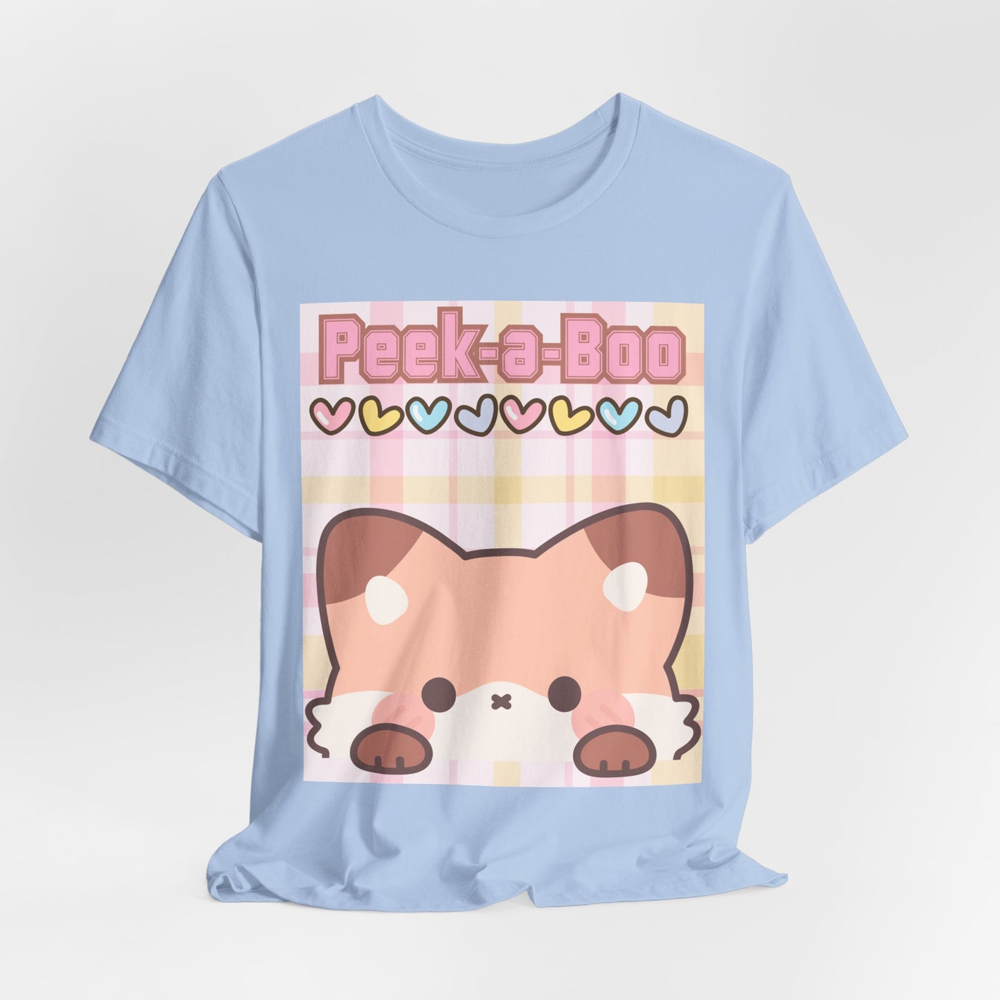 SunflowerPorchCo Peek-a-Boo Kawaii Fox Tee | Cute Pastel Hearts Plaid Shirt