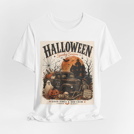 Sunflower Porch Co Halloween Vintage Truck Tee | Spooky Season Pumpkin Ghost Haunted House