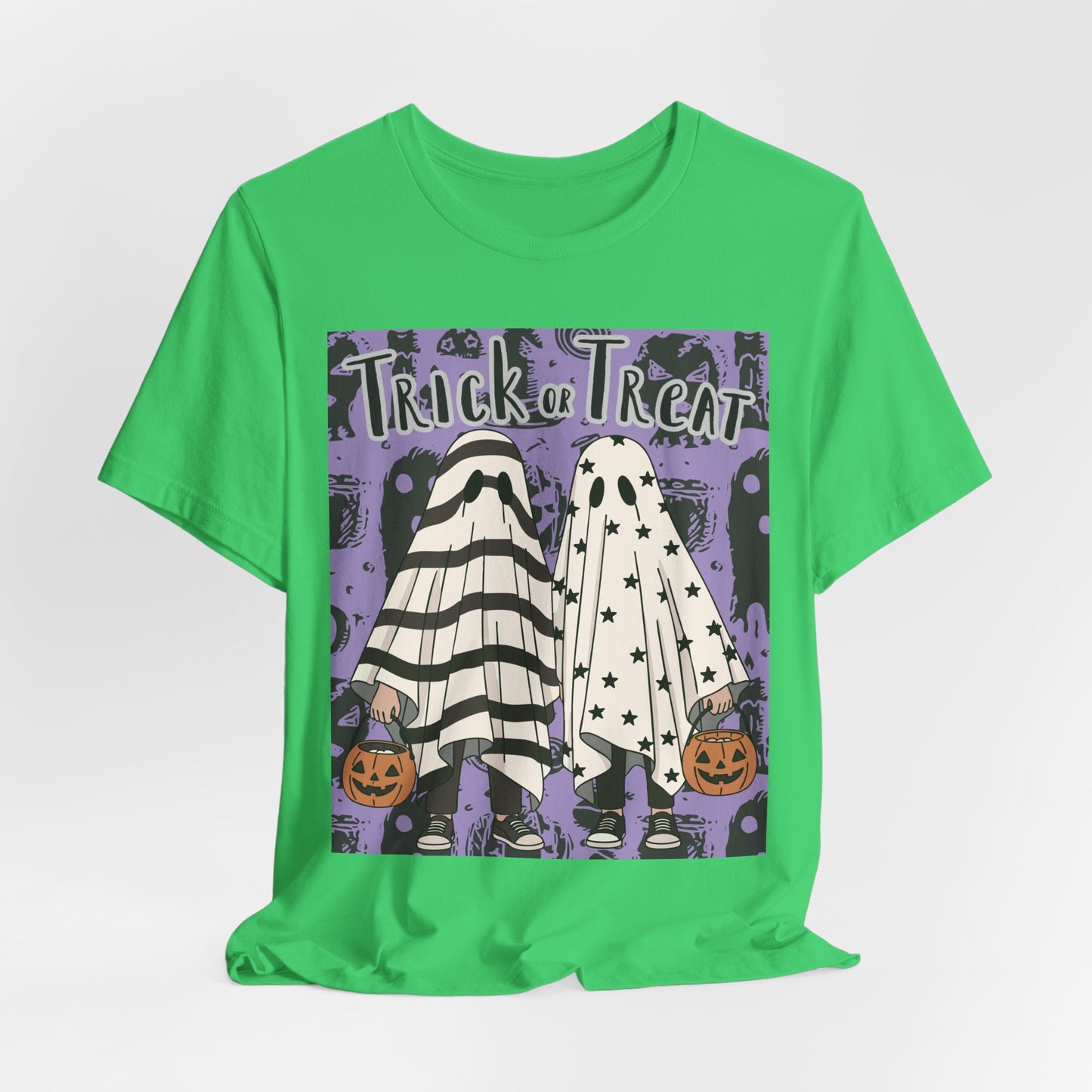 SunflowerPorchCo Trick or Treat Ghost Kids Halloween T-Shirt | Pumpkin Costume Tee