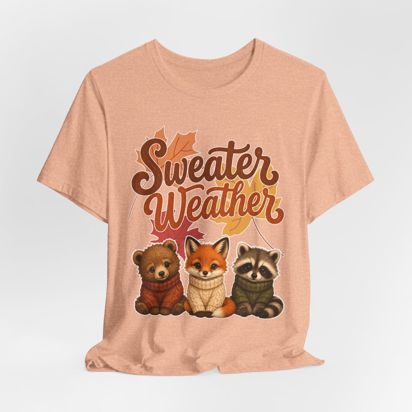 Sweater Weather woodland animals Tee | Fox Bear Raccoon fall leaves