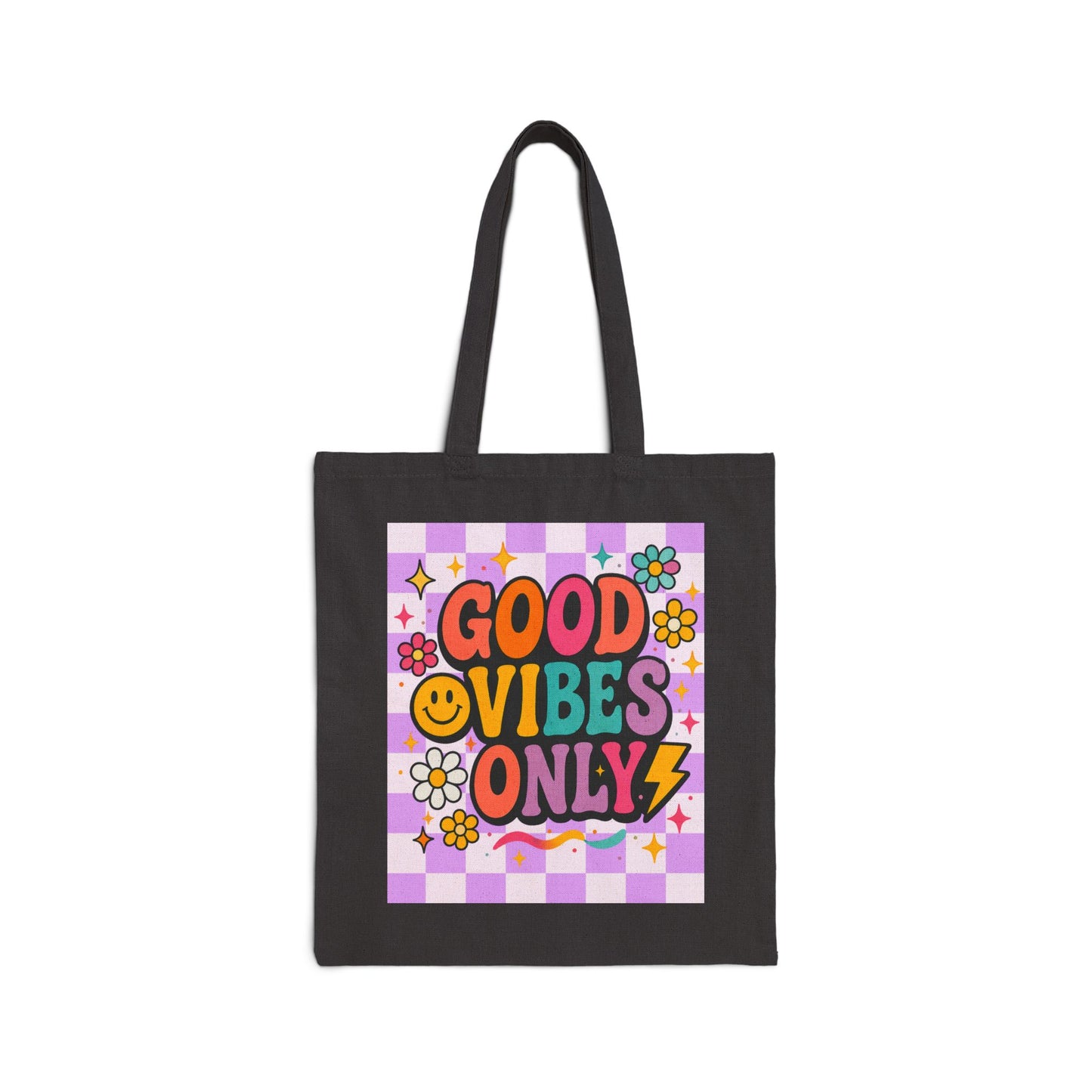 Good Vibes Only Tote Bag | Retro Flower Smiley Checkerboard